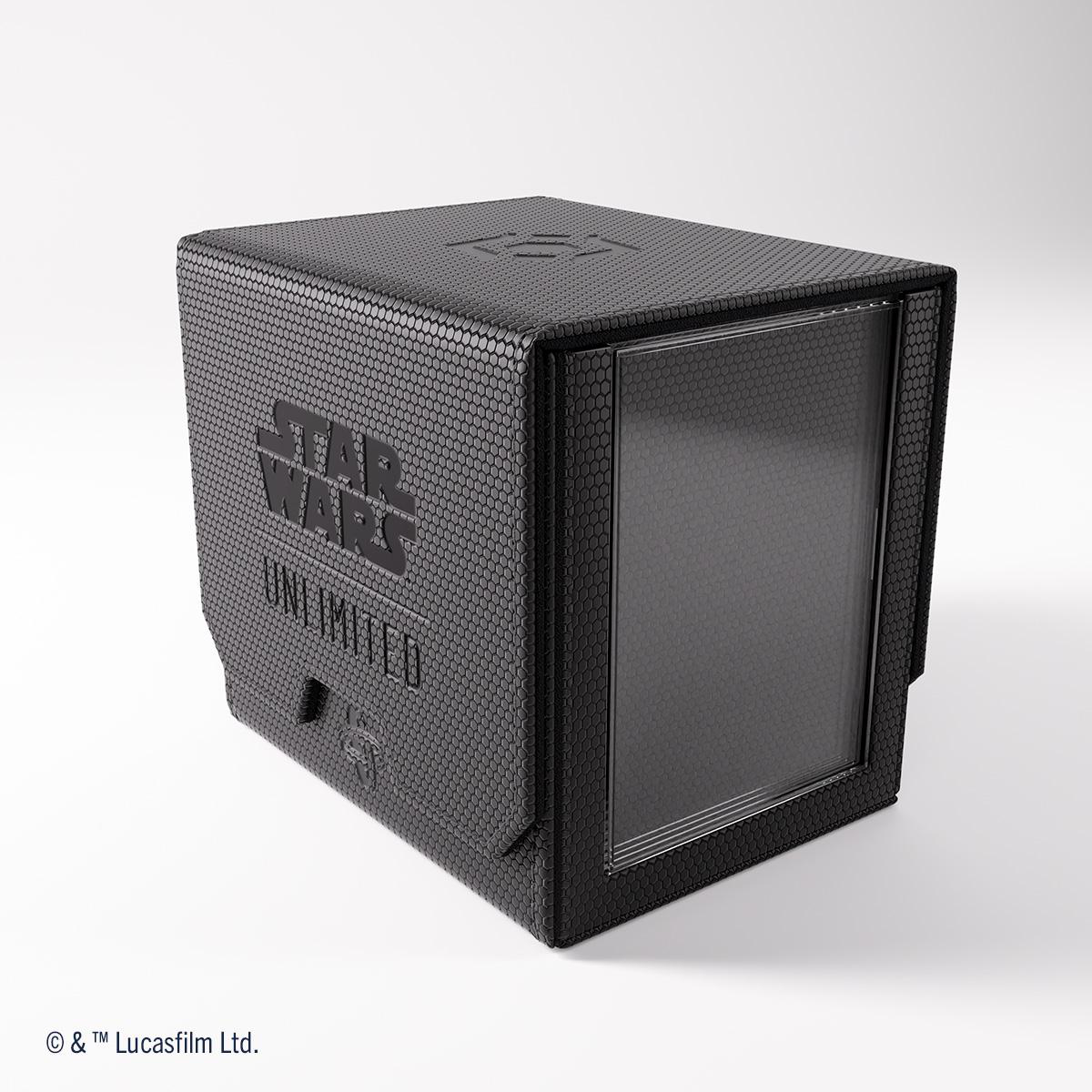 Eine schwarze Star Wars Unlimited Box mit einem durchsichtigen Fenster. Das Logo ist auf der Seite sichtbar. Der Hintergrund ist weiß.