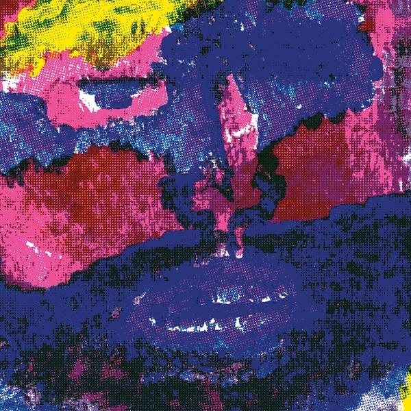 Abstrakte Kunst eines Gesichts. Blaue, rosa, gelbe und rote Pinselstriche bilden die Form. Details umfassen Augen, Nase und Lippen.