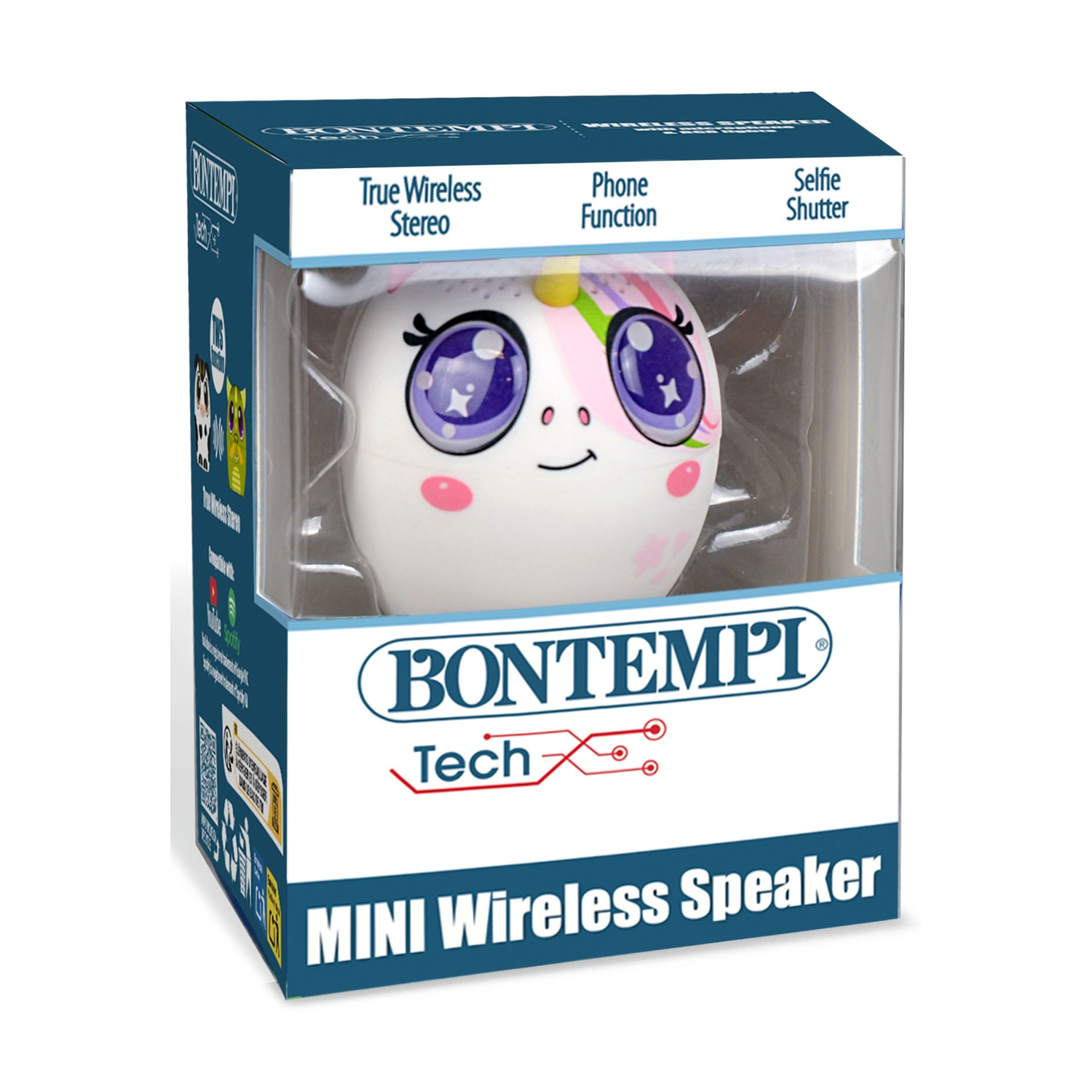 Una scatola mostra un altoparlante a forma di unicorno. Sulla scatola c'è scritto 'MINI Wireless Speaker' e 'BONTEMPI Tech'. Le caratteristiche includono 'True Wireless Stereo'.