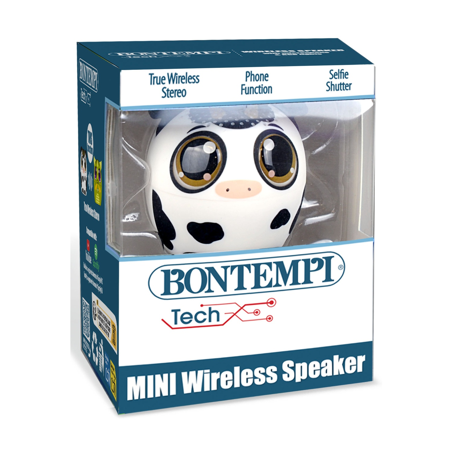 Un altoparlante bianco a forma di mucca in una scatola. La scatola dice "BONTEMPI MINI Wireless Speaker". Ha etichette come "True Wireless Stereo".