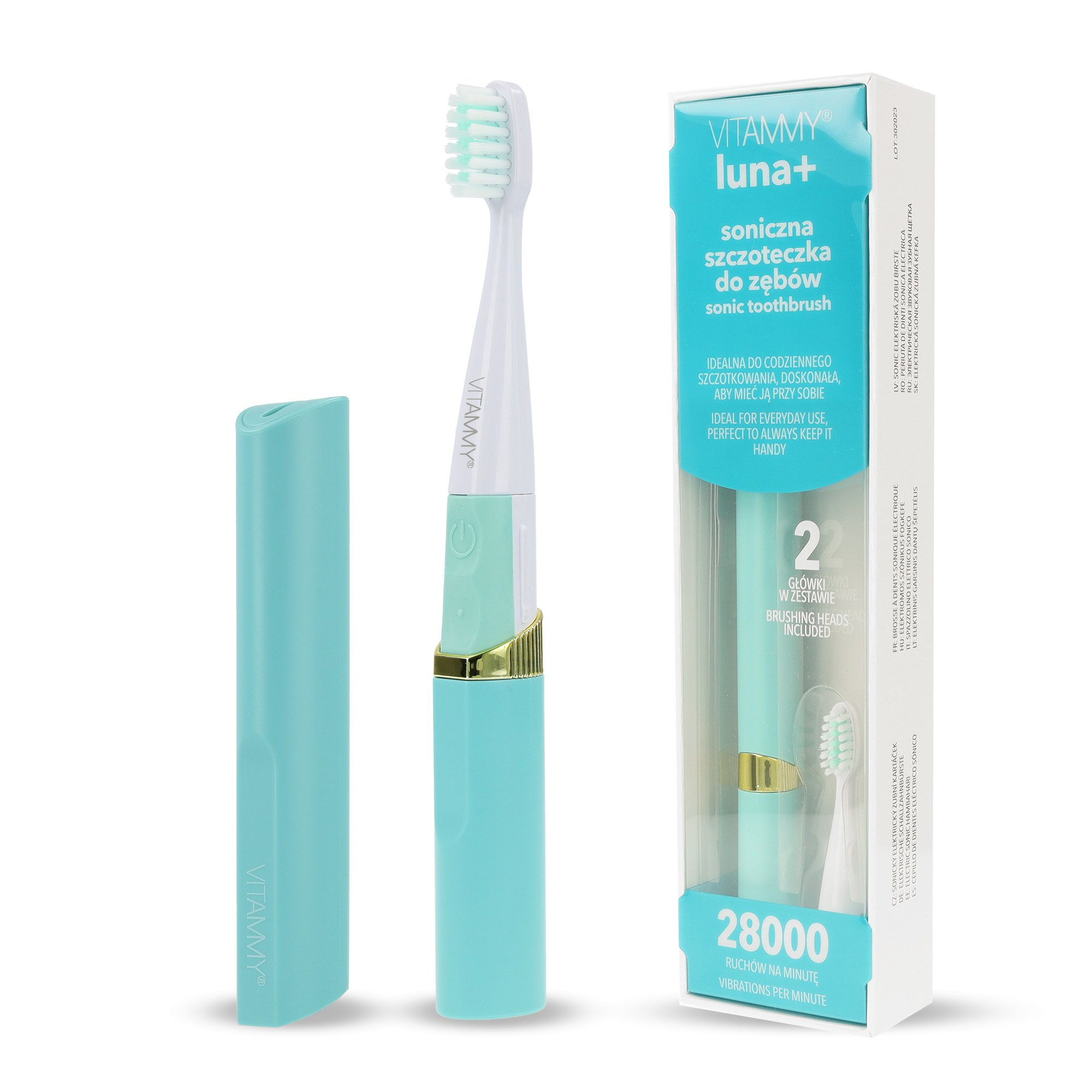 Elektryczna szczoteczka do zębów z zapasową główką i etui. Opakowanie zawiera tekst, szczoteczka jest miętowo-zielona i biała.