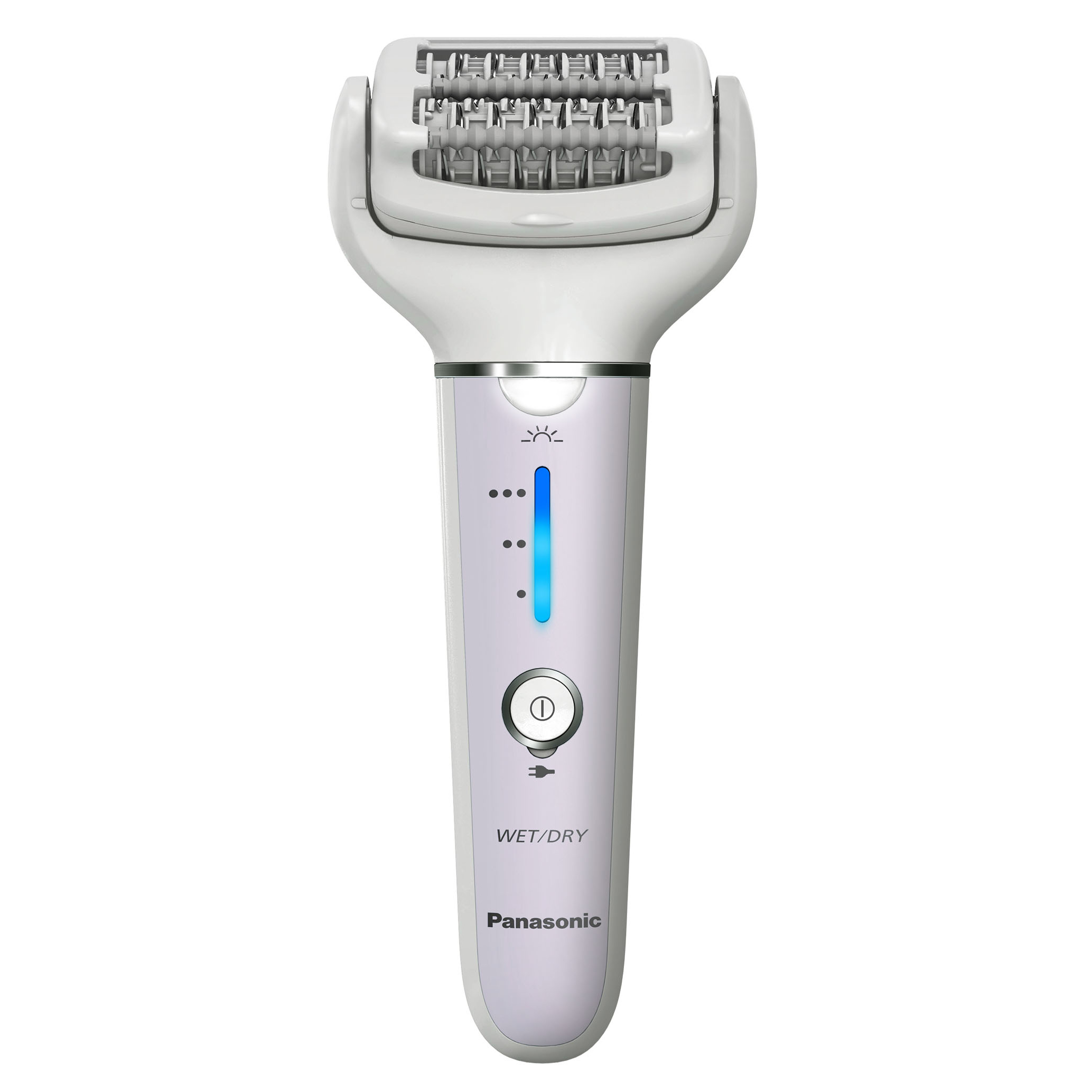 Egy fehér és levendula színű Panasonic nedves/száraz elektromos borotva. Fehér feje, bekapcsológombja és akkumulátor-jelzője van.