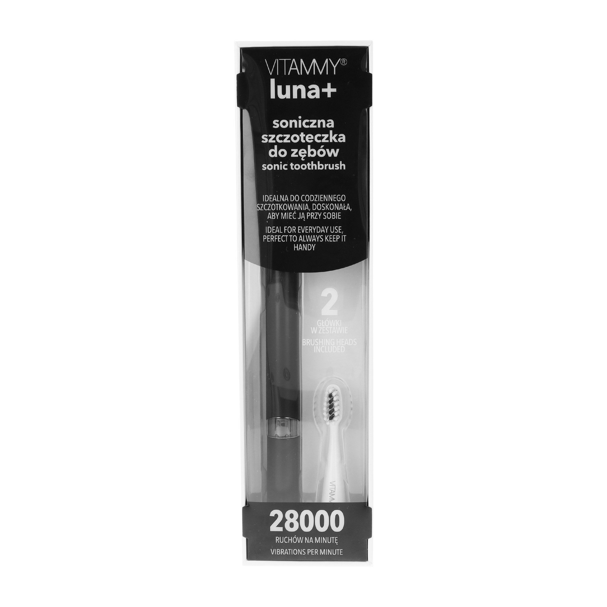 Opakowanie szczoteczki do zębów z marką 'VITAMMY luna+'. Zawiera szczoteczkę i dwie głowice. Tekst mówi '28000 wibracji na minutę'.