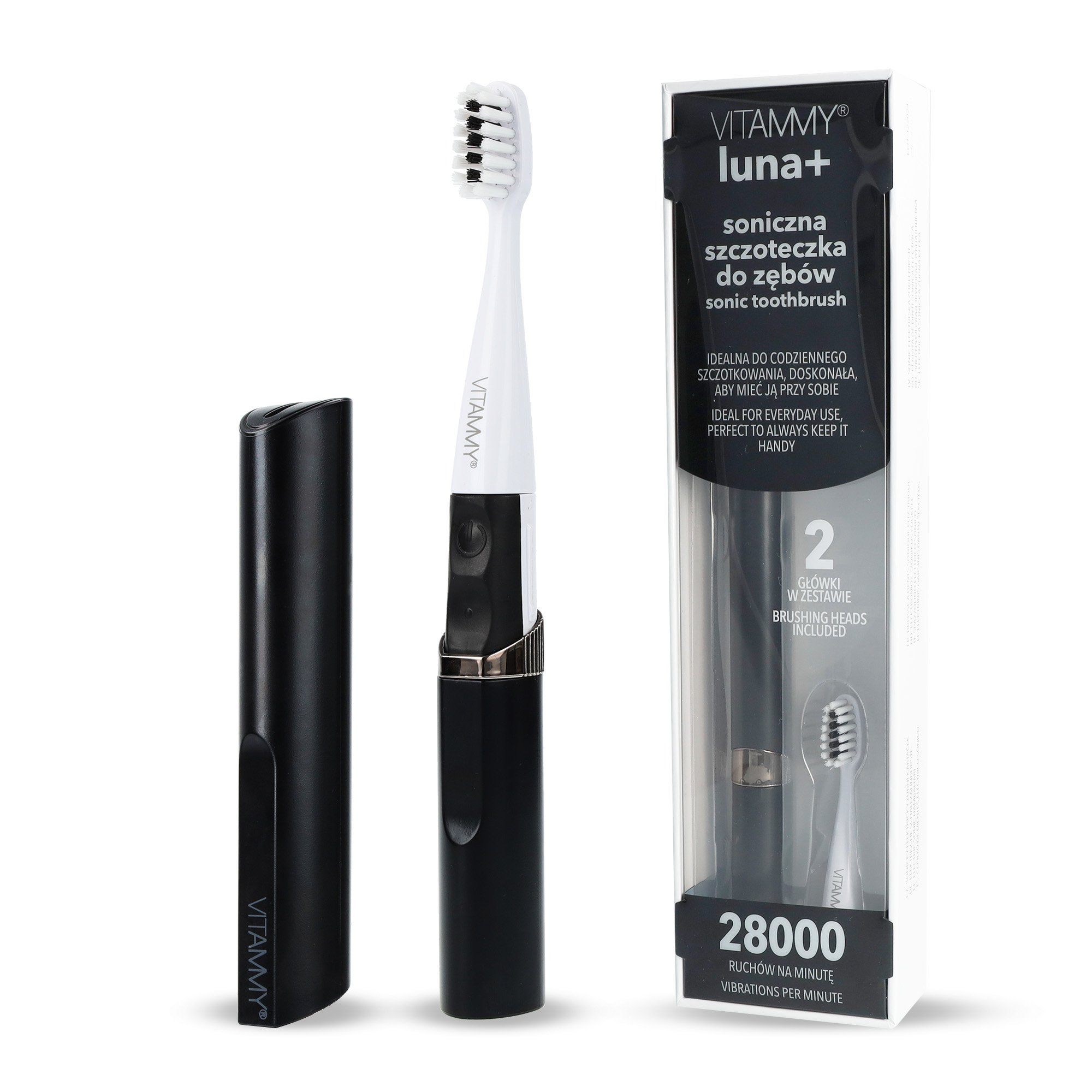 Widoczna biało-czarna elektryczna szczoteczka do zębów, czarne etui oraz opakowanie z tekstem i zapasową główką.