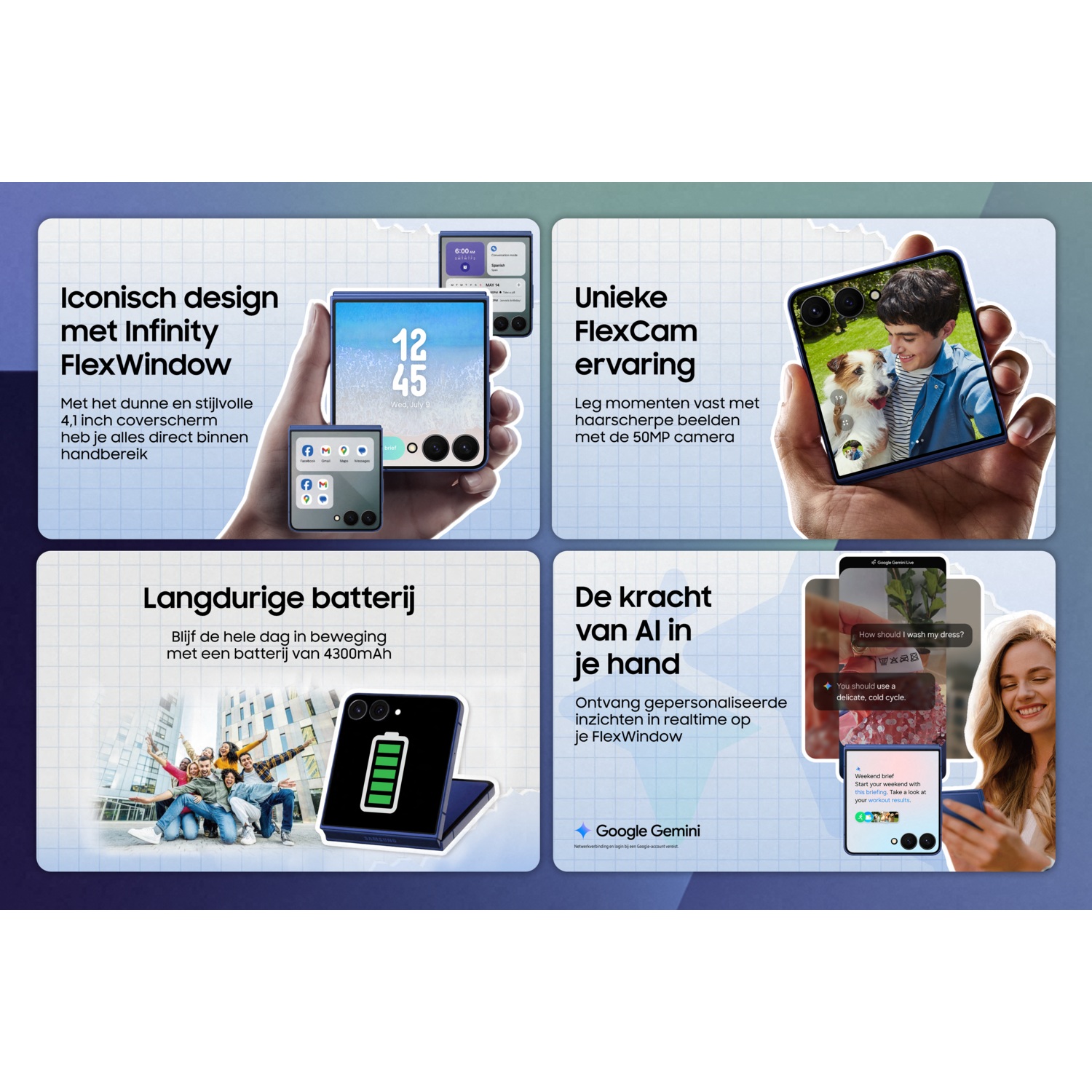 A promotional image showcasing a phone with text in Dutch, featuring product highlights and a person holding the phone.