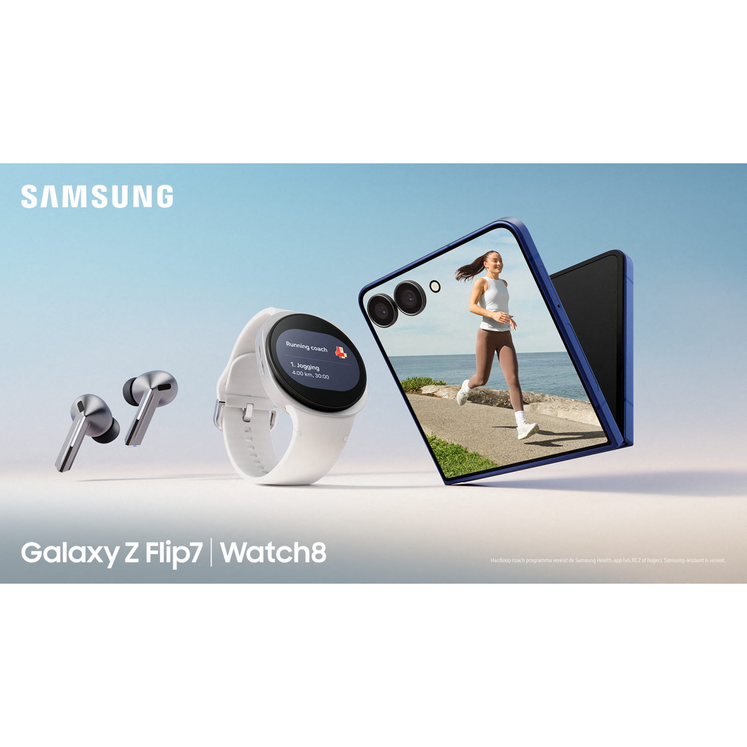 An advertisement shows a woman running on a phone screen, a watch, and ear buds. The Samsung logo is at the top.