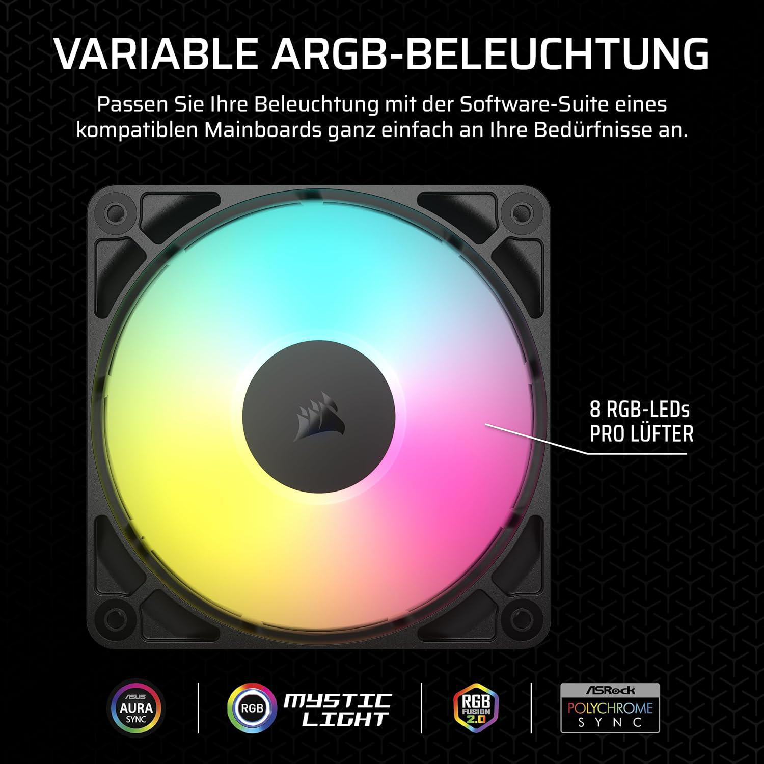 RGB-Lüfter mit bunten Lichtern, Text, der variable ARGB-Beleuchtung anzeigt, und Logos kompatibler Technologien.