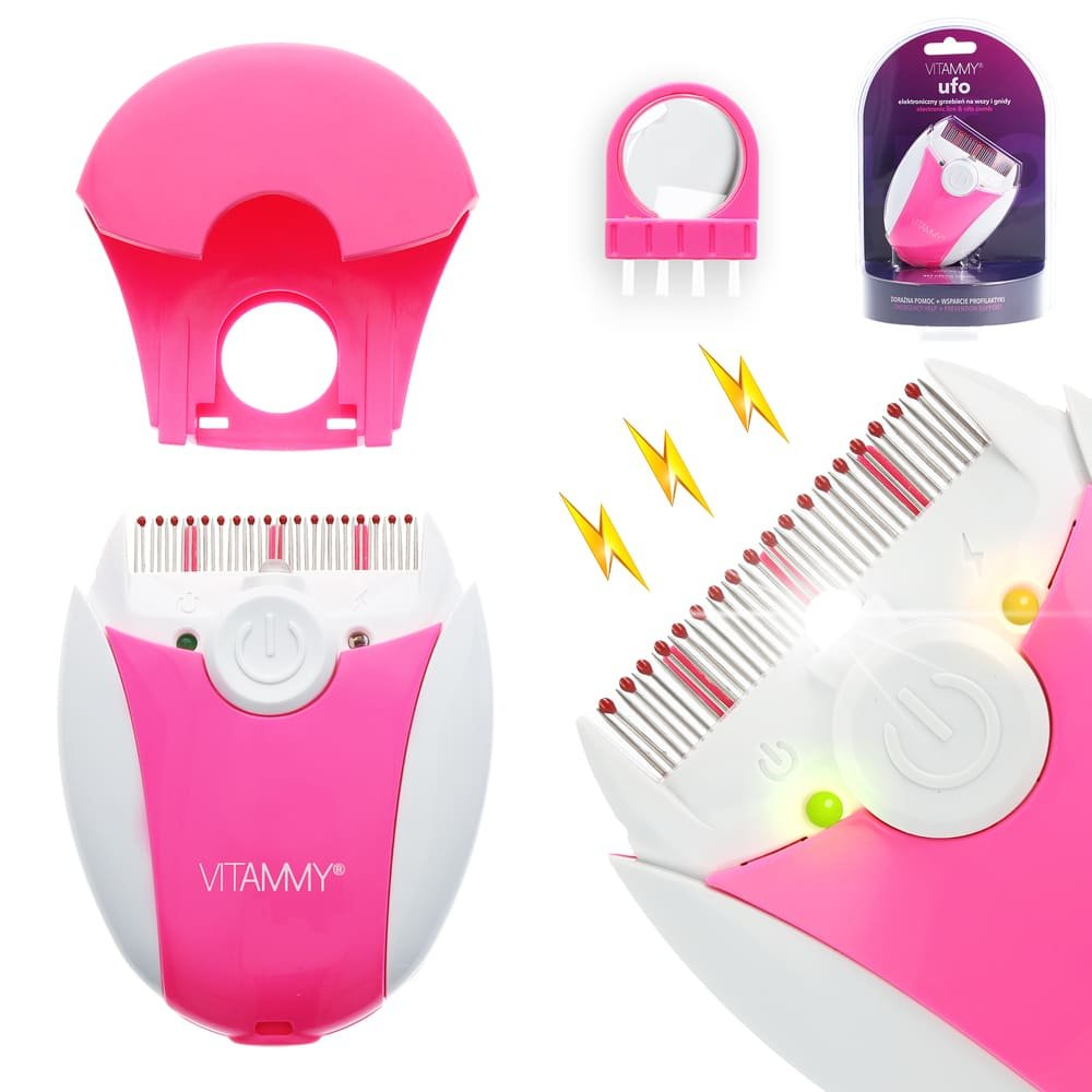 Różowo-białe urządzenie Vitammy UFO z grzebieniem i akcesoriami. Zawiera lupę i opakowanie.