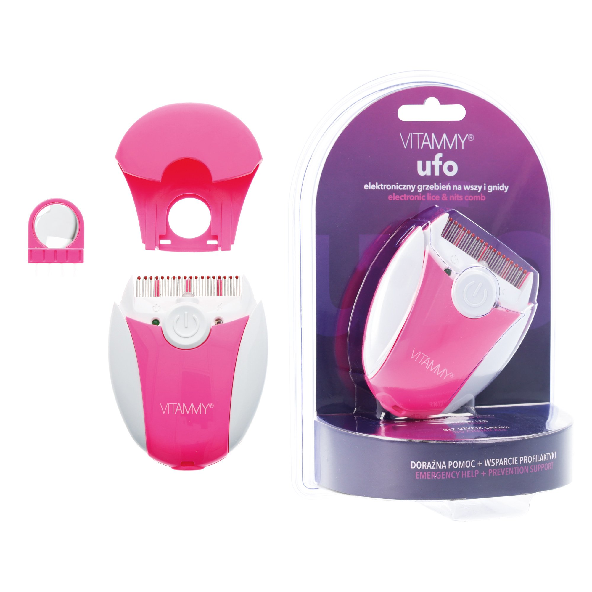 Różowo-biały elektroniczny grzebień na wszy i gnidy. Zawiera elementy i opakowanie z tekstem.