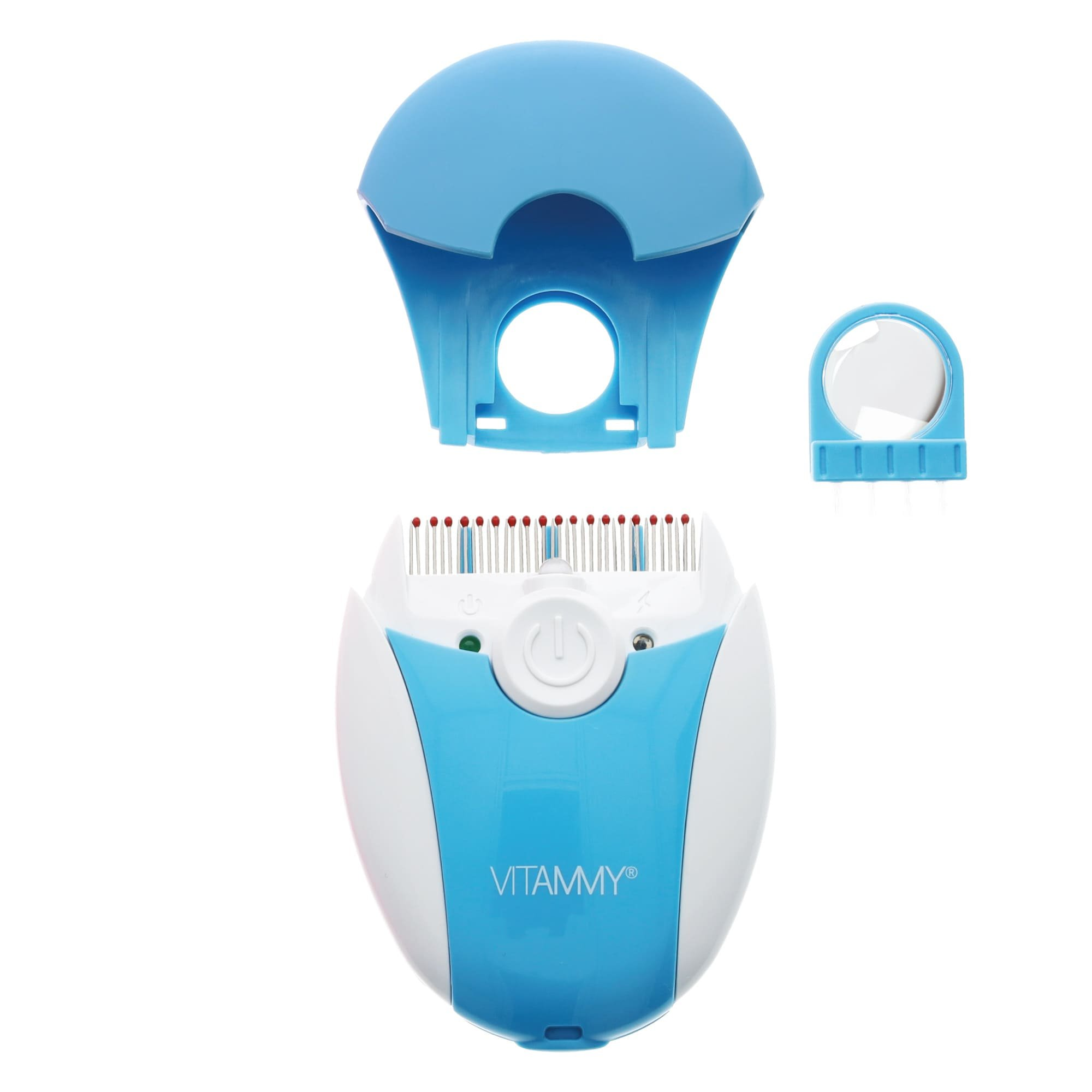 Niebiesko-białe urządzenie do usuwania wszy z trzema odłączanymi częściami: pokrywą, grzebieniem i korpusem.