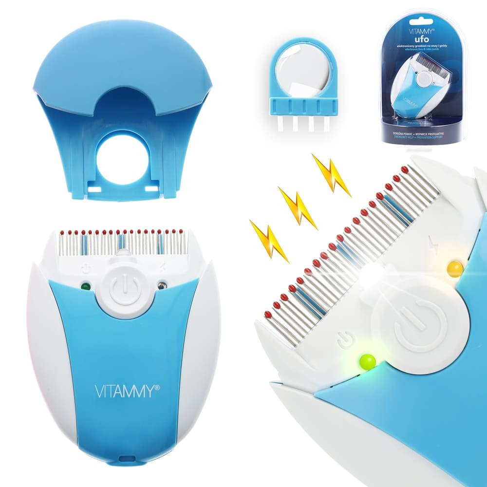 Wiele zdjęć niebiesko-białego grzebienia na wszy z akcesoriami. Grzebień ma przycisk zasilania i zęby z czerwonymi końcówkami.