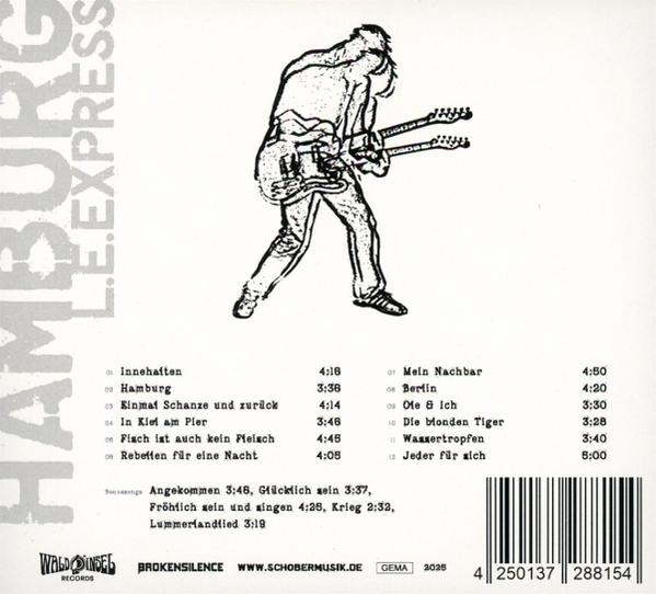 CD-Cover mit einer Skizze einer Person, die eine Gitarre mit zwei Hälsen spielt. Text enthält Titelliste und Bandnamen.
