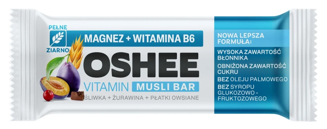 Opakowanie batona musli Oshee. Zawiera śliwki, żurawinę, płatki owsiane. Zawiera: Magnez + Witamina B6.