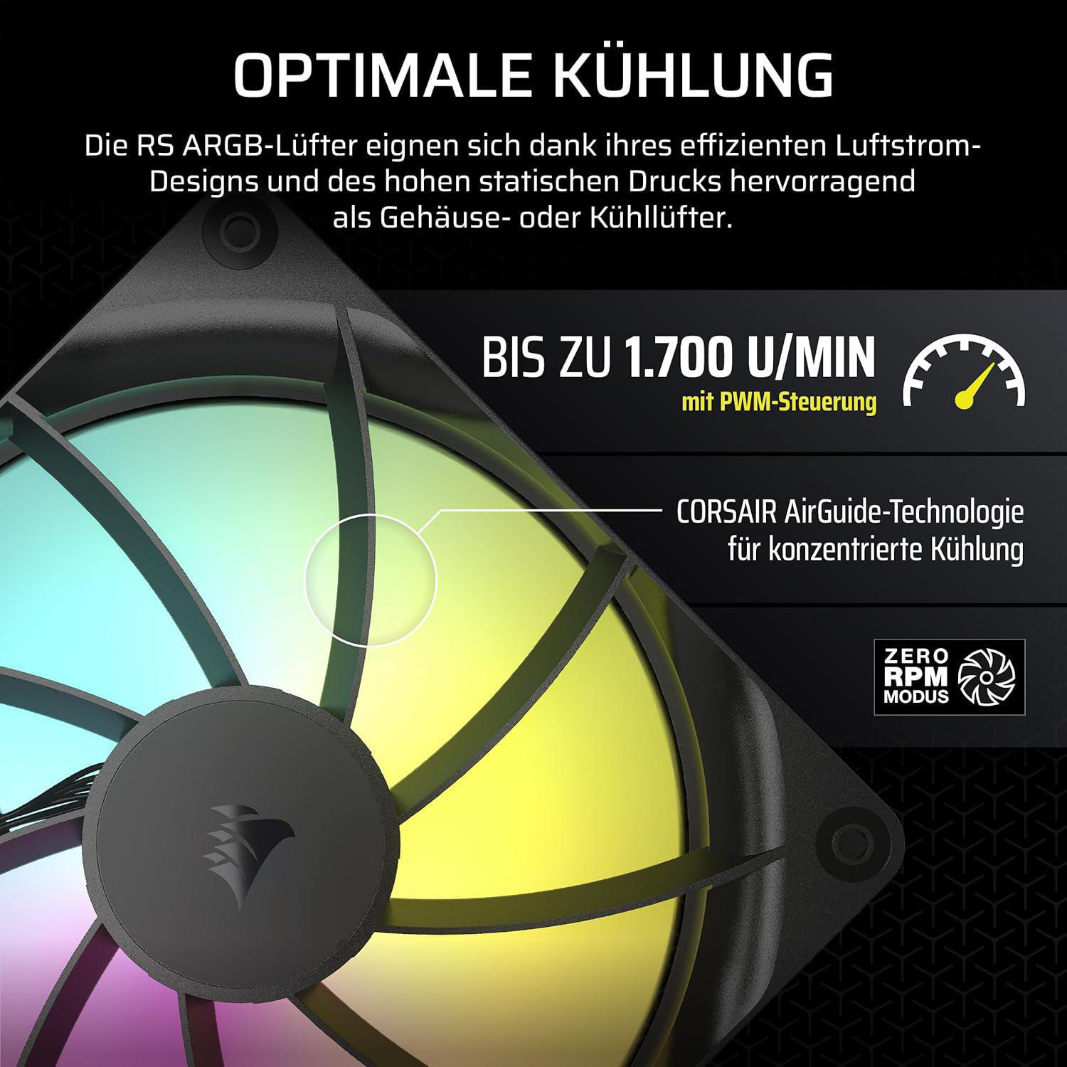 Ein Computerlüfter mit Text zu Kühlung, Geschwindigkeit und Corsair AirGuide-Technologie, mit einem schwarz-gelben Farbschema.