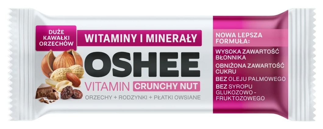 Zapakowany baton OSHEE Vitamin Crunchy Nut. Baton zawiera orzechy, rodzynki i owies. Tekst podkreśla witaminy, minerały i nową formułę.