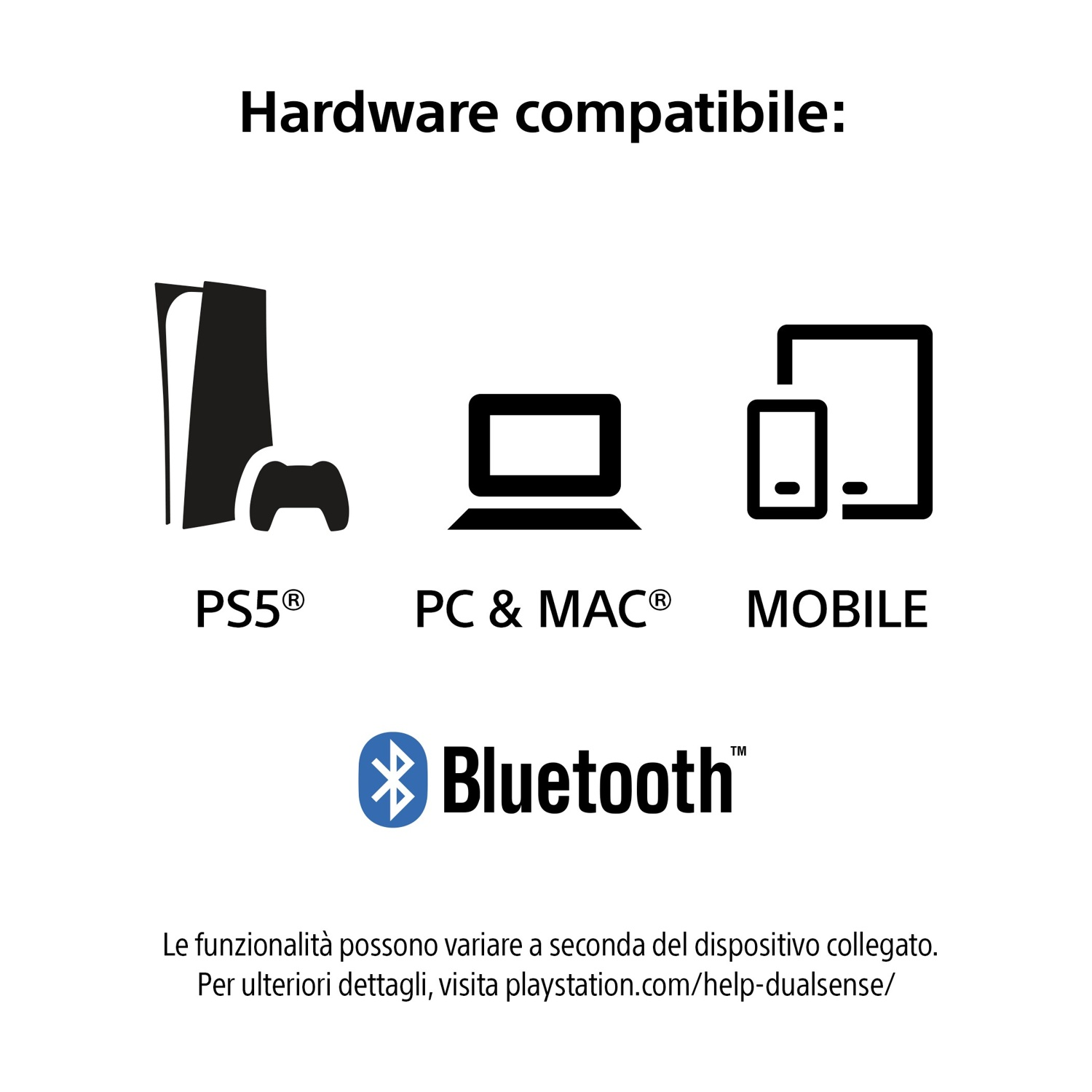 L'immagine mostra la compatibilità hardware con PS5, PC/MAC e dispositivi mobili, con logo Bluetooth e testo. Testo in italiano.