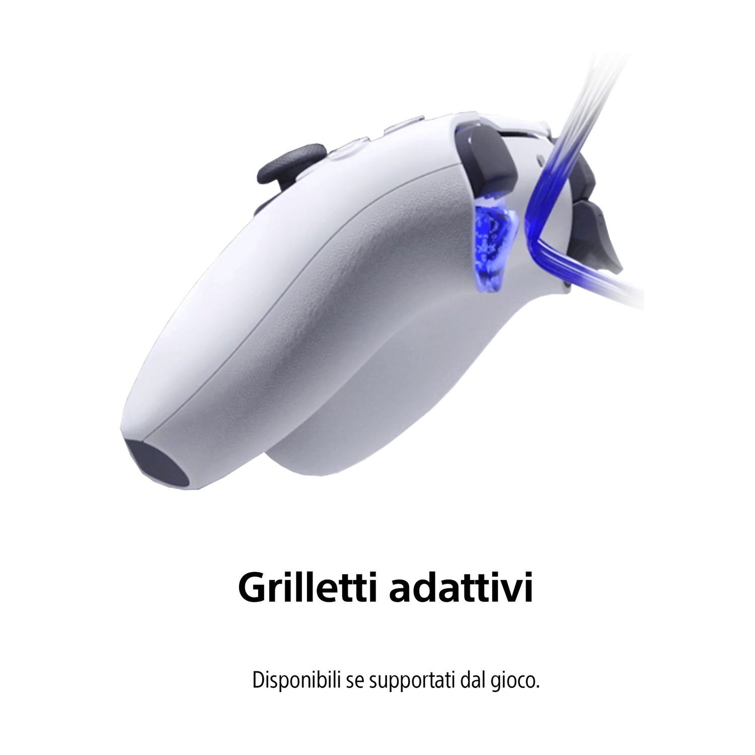 Un controller di gioco bianco con pulsanti neri e dettagli di luce blu. Il testo sottostante recita 'Grilletti adattivi', 'Disponibile se supportato dal gioco'.