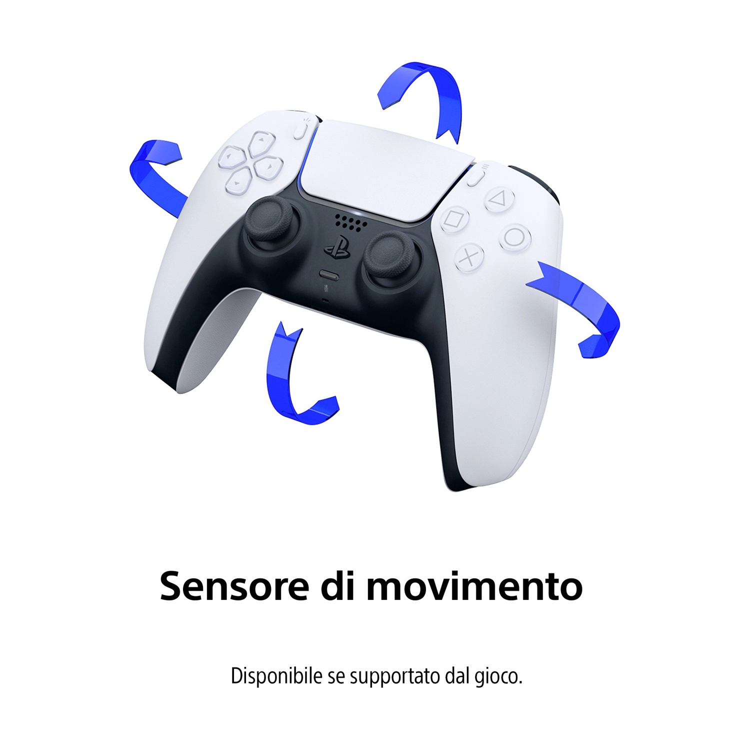 Un controller PlayStation 5 bianco e nero con frecce di movimento blu. Testo: 'Sensor di movimento' e 'Disponibile se supportato dal gioco'.