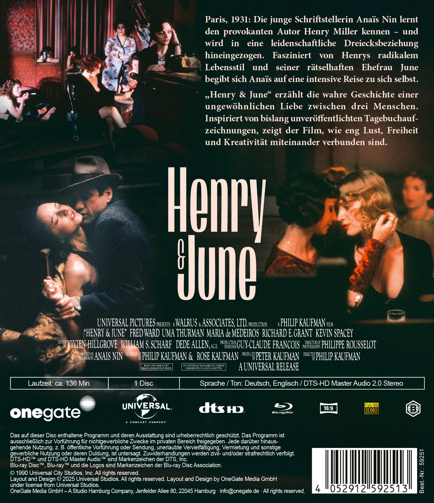 Filmposter mit dem Titel "Henry & June". Es zeigt Schauspieler in einer romantischen Szene.