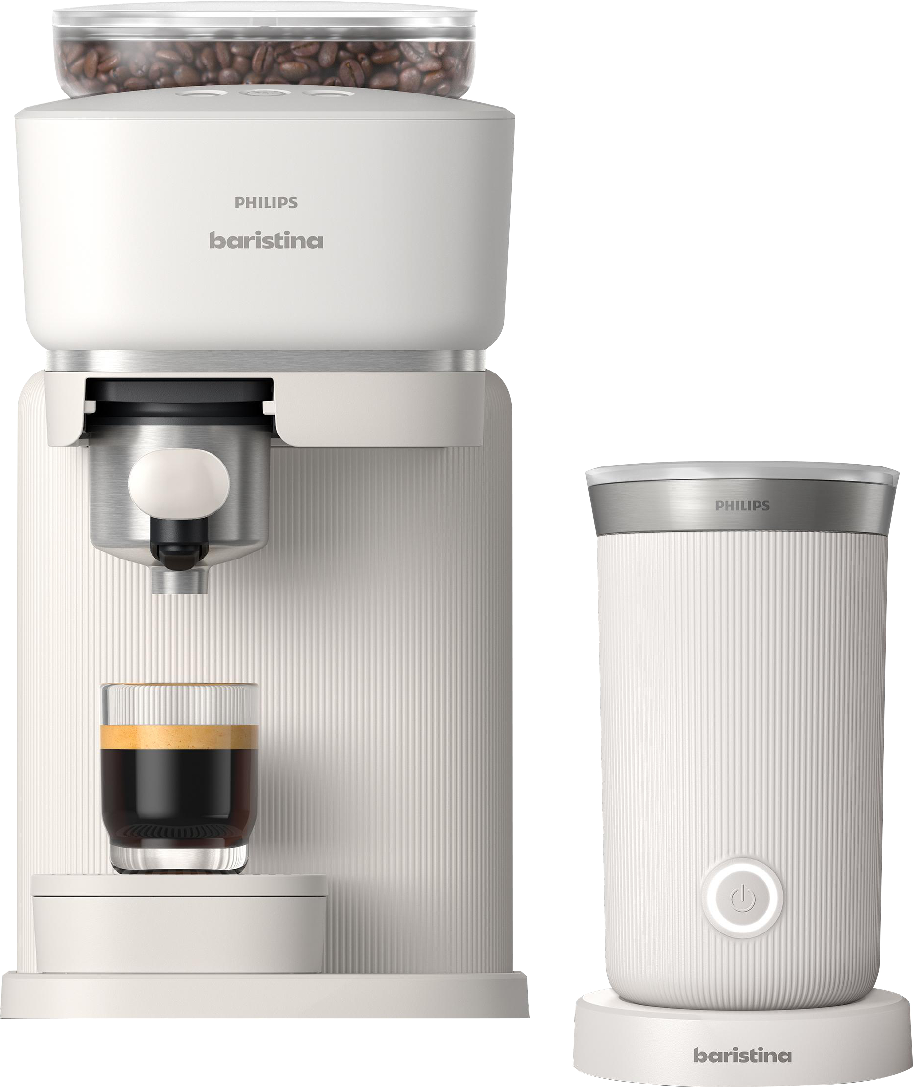 Eine weiße Philips Baristina Kaffeemaschine mit Kaffeemühle. Ein Glas mit Kaffee steht davor.