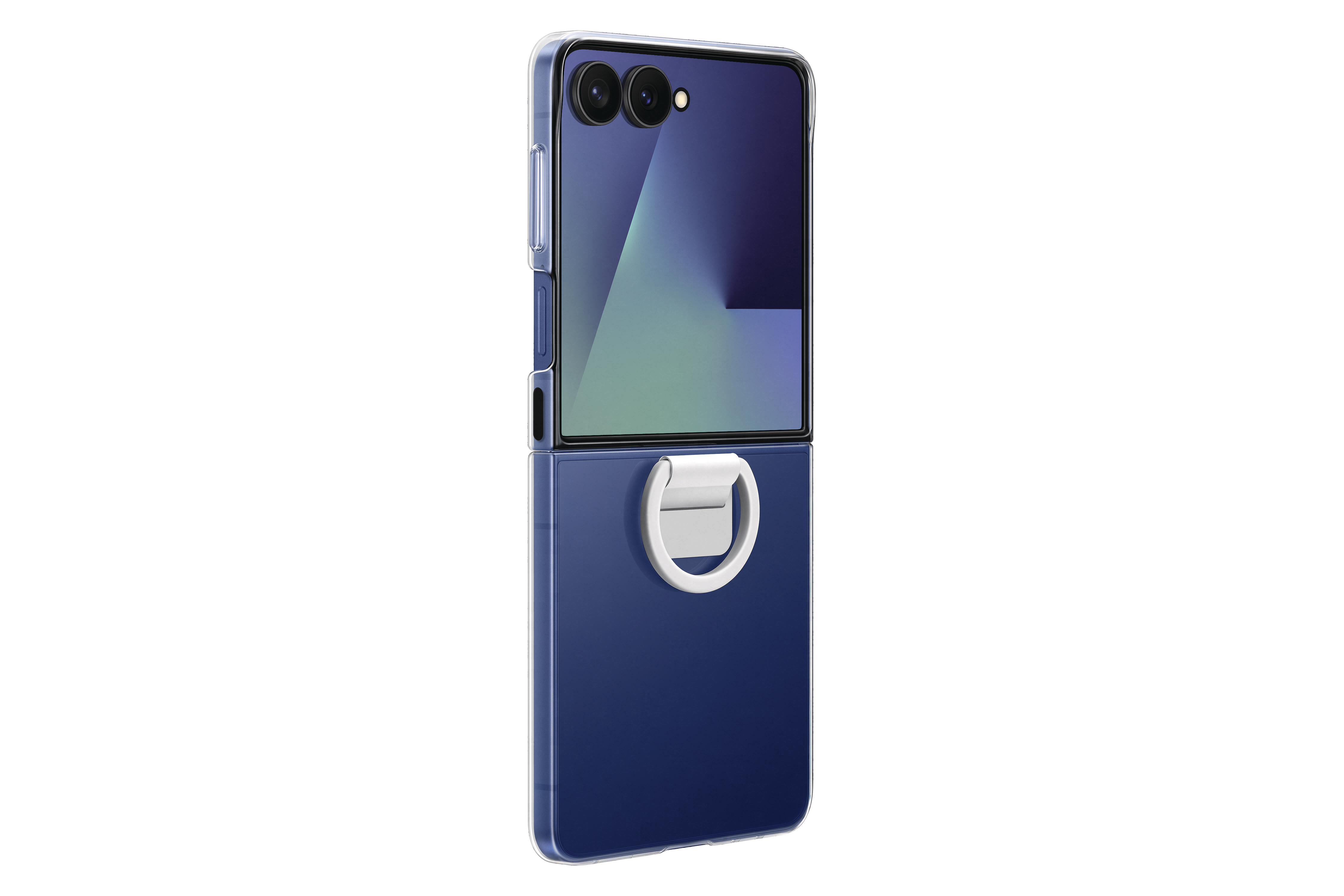 Ein marineblaues Klapphandy mit weißem Ringhalter. Klare Hülle umgibt das Telefon. Der Bildschirm ist sichtbar.
