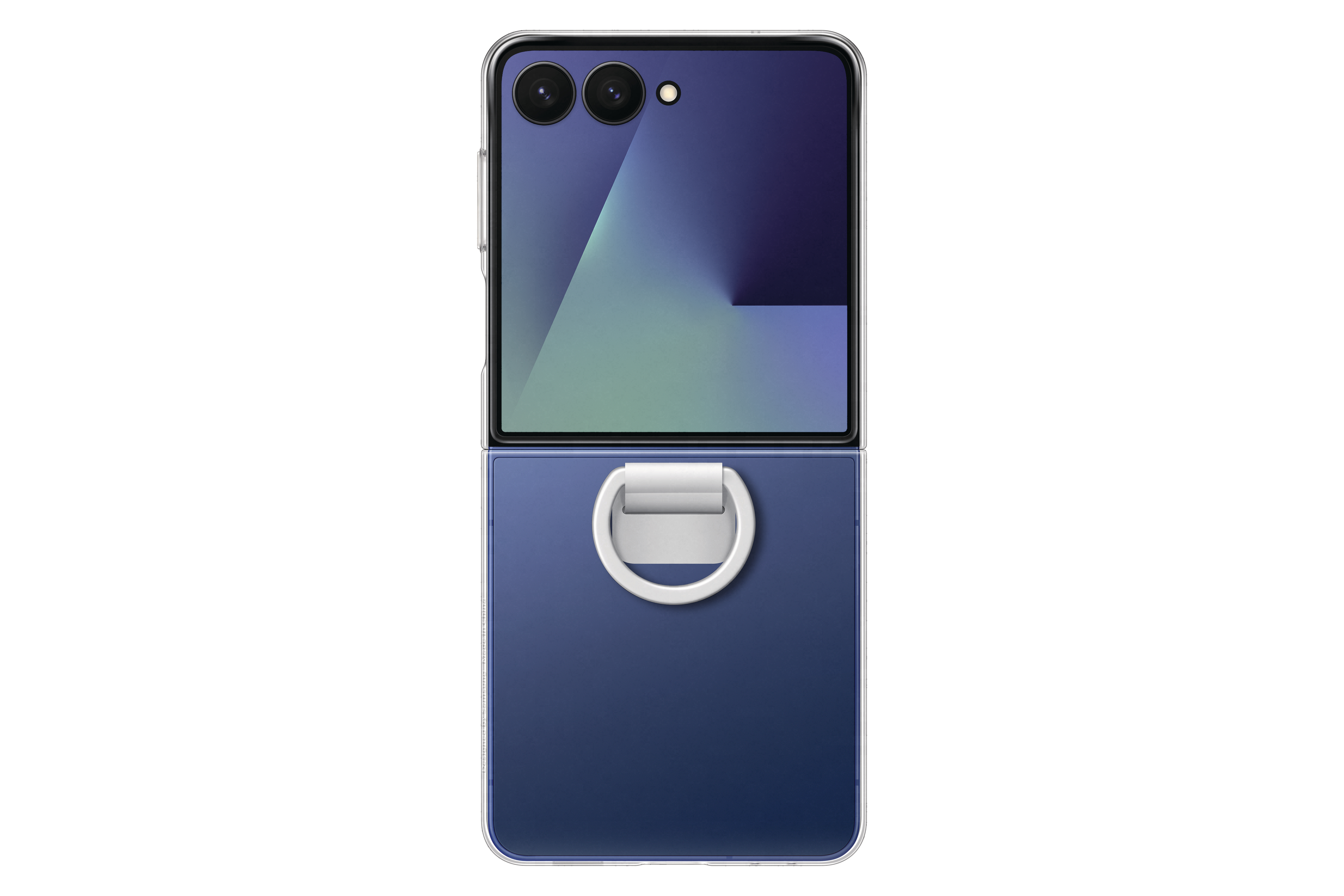 Ein blaues, faltbares Smartphone, halb geöffnet. Es hat einen silbernen Ring an der Unterseite und zwei Kameras oben.