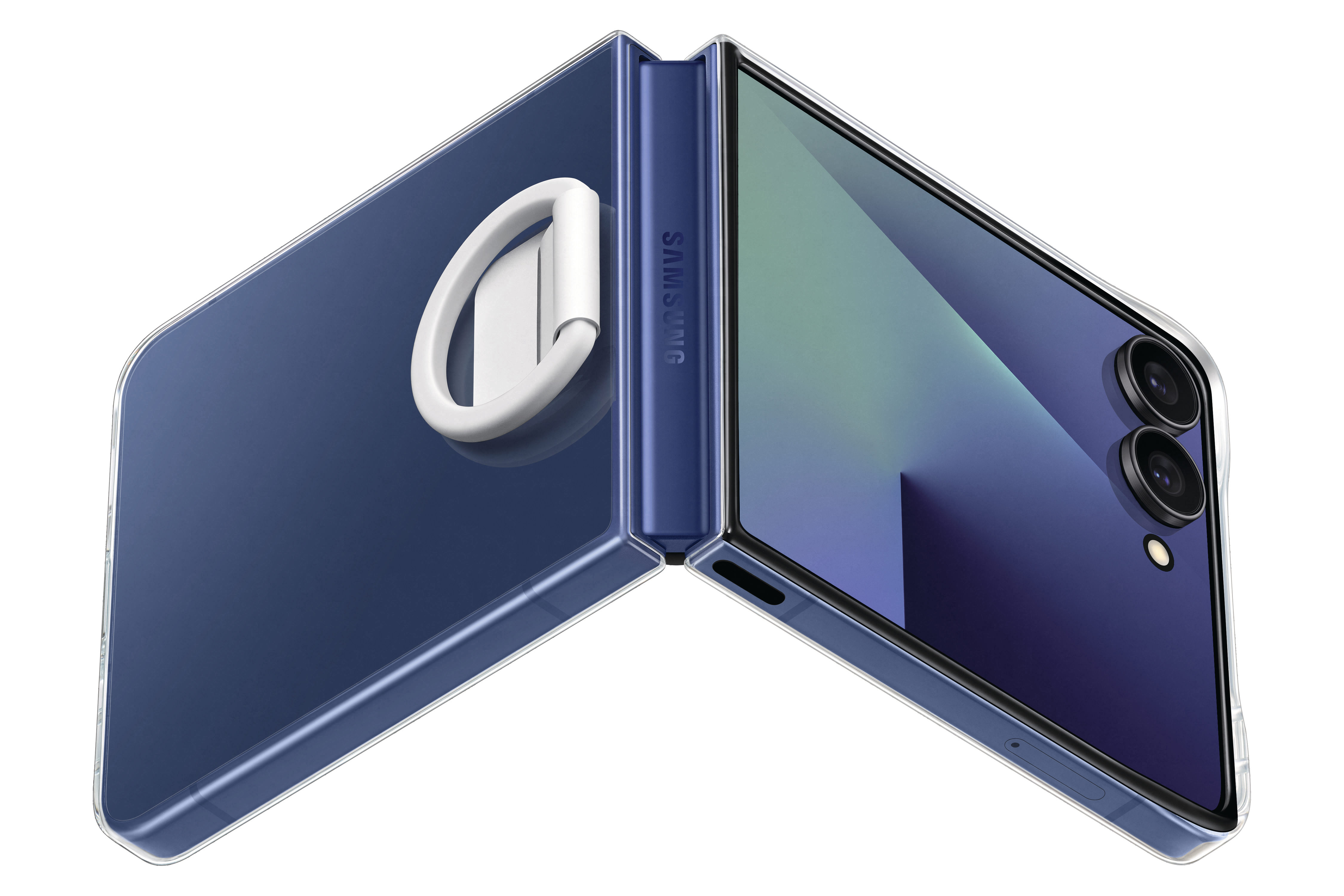 Blaues, faltbares Samsung-Telefon mit weißem Ringgriff, teilweise geöffnet, auf weißem Hintergrund.