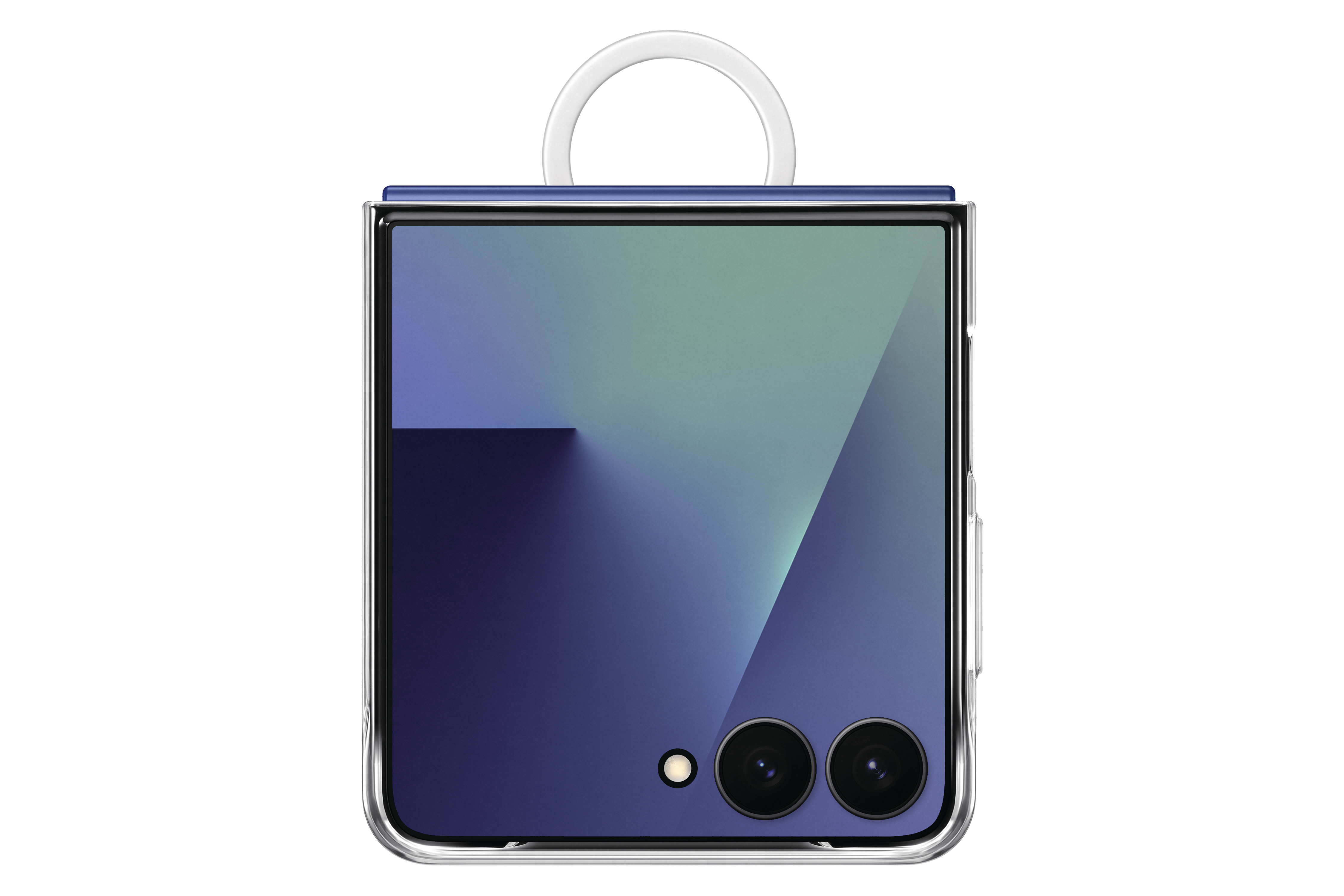 Ein faltbares Smartphone in einer transparenten Hülle mit weißem Griff. Der Bildschirm zeigt einen Blau-Grün-Verlauf.