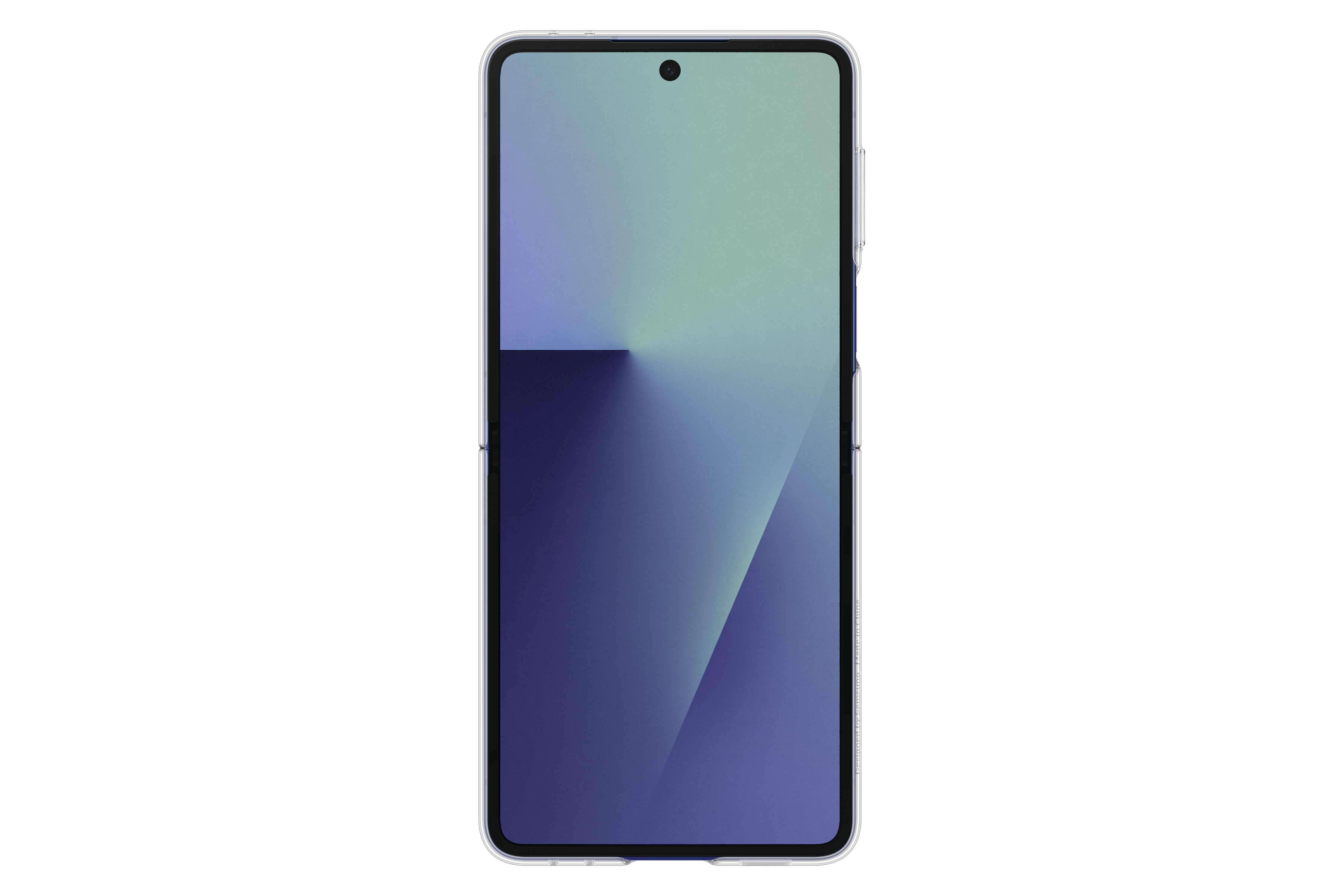 Ein Smartphone mit blau-grünem Farbverlauf. Es hat eine transparente Hülle. Der Hintergrund ist weiß.