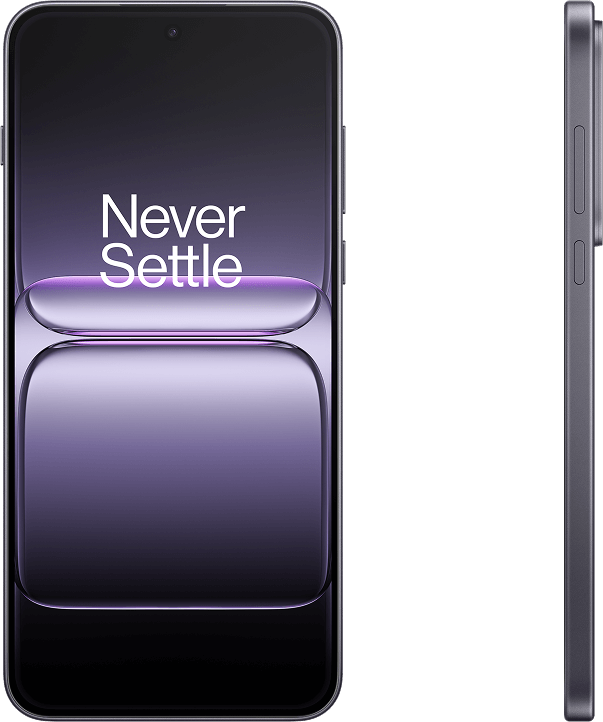 Egy lila okostelefon a "Never Settle" feliratot jeleníti meg. A jobb oldalon gombok láthatók. A háttér fekete.