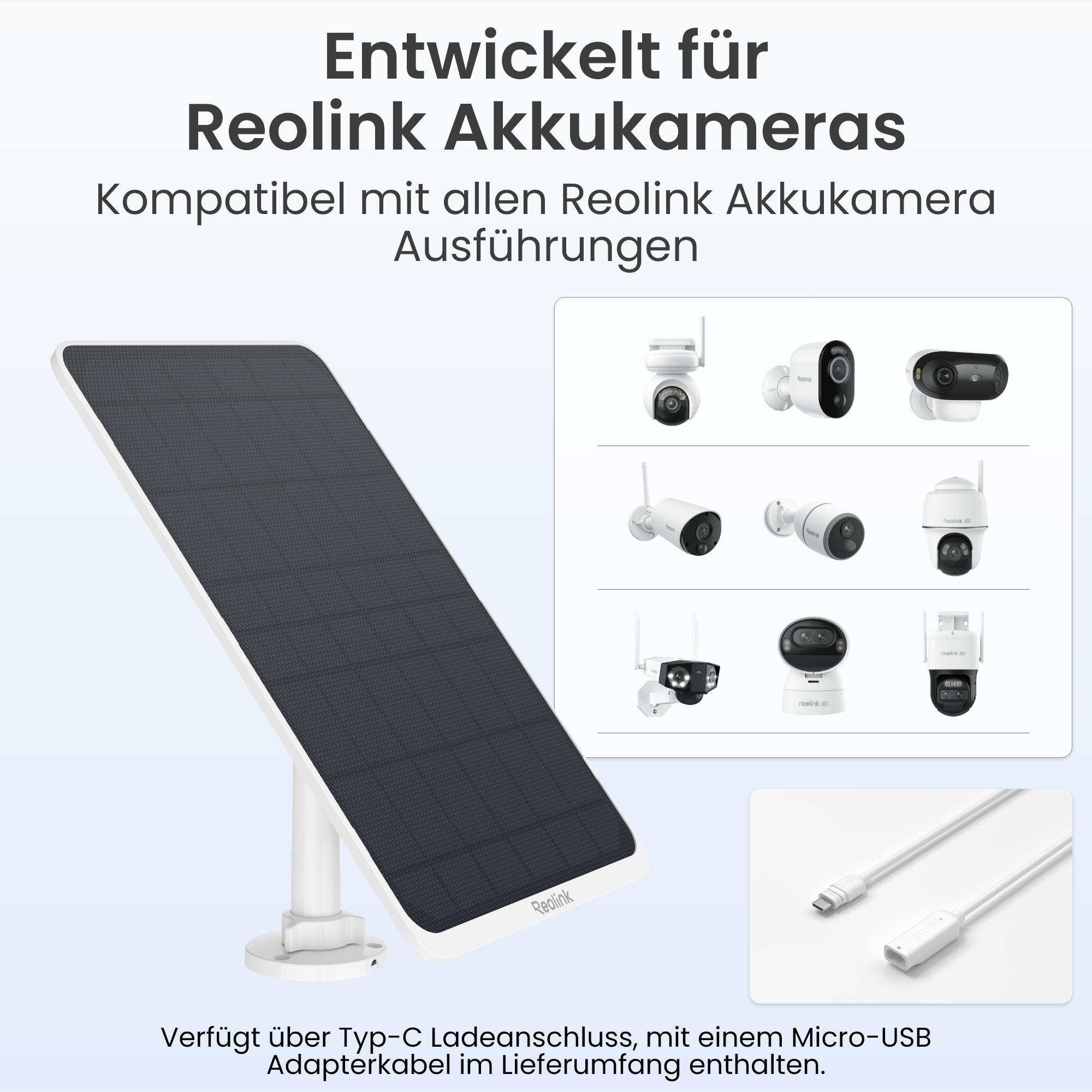 Ein Solarpanel, mehrere Überwachungskameras und ein Ladekabel werden vor einem weiß-blauen Hintergrund gezeigt.