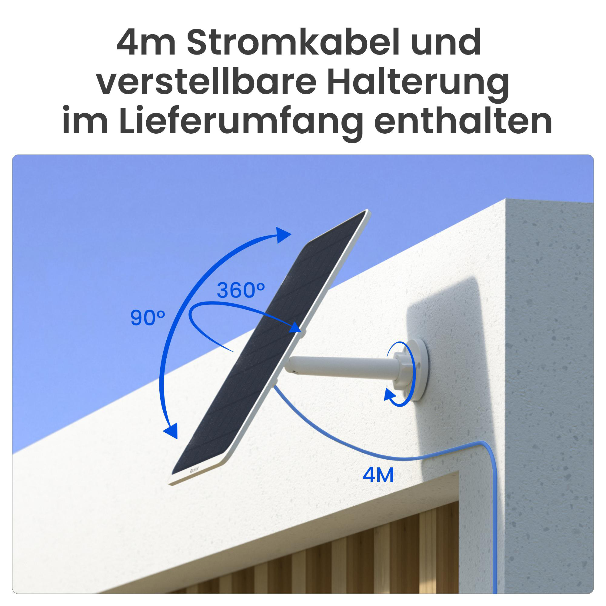 Ein Solarpanel mit 360-Grad-verstellbarer Halterung, Kabel und Text auf Deutsch. Der Hintergrund ist ein Himmel und ein Gebäude.