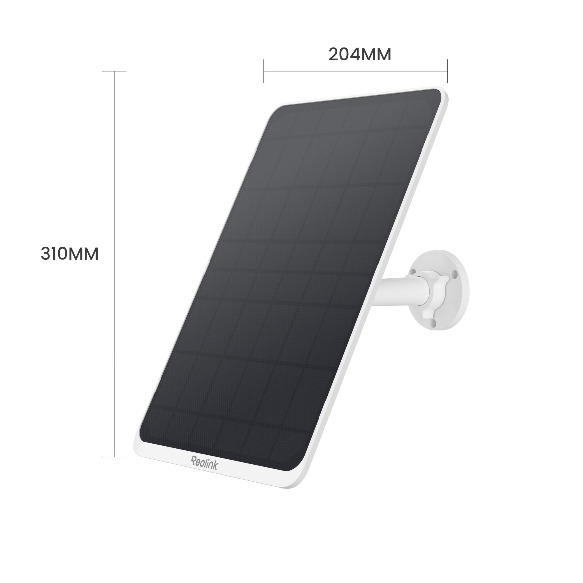 Ein Solarpanel mit schwarzer Oberfläche und weißem Rahmen, montiert an einer weißen Halterung. Abmessungen: 310 mm x 204 mm, Reolink-Logo sichtbar.