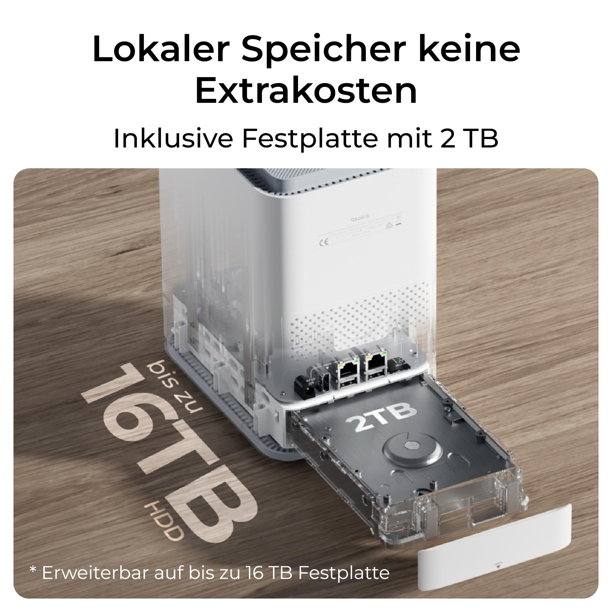 Eine weiße externe Festplatte mit einer 2TB-Festplatte wird auf einer Holzoberfläche gezeigt. Text lautet '16TB HDD'.
