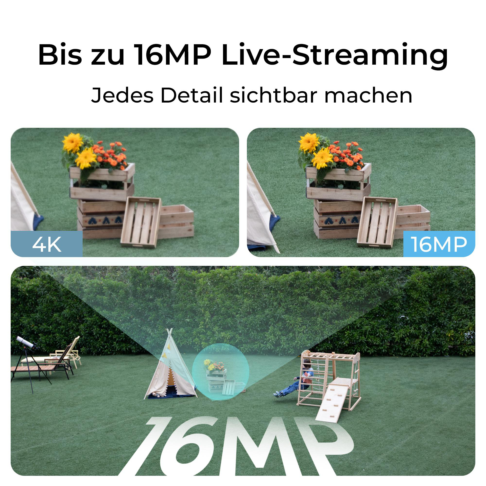 Das Bild zeigt Live-Streaming-Details. Es gibt zwei Ansichten von Blumen in Holzkisten und ein Kind, das auf einem Klettergerüst spielt.