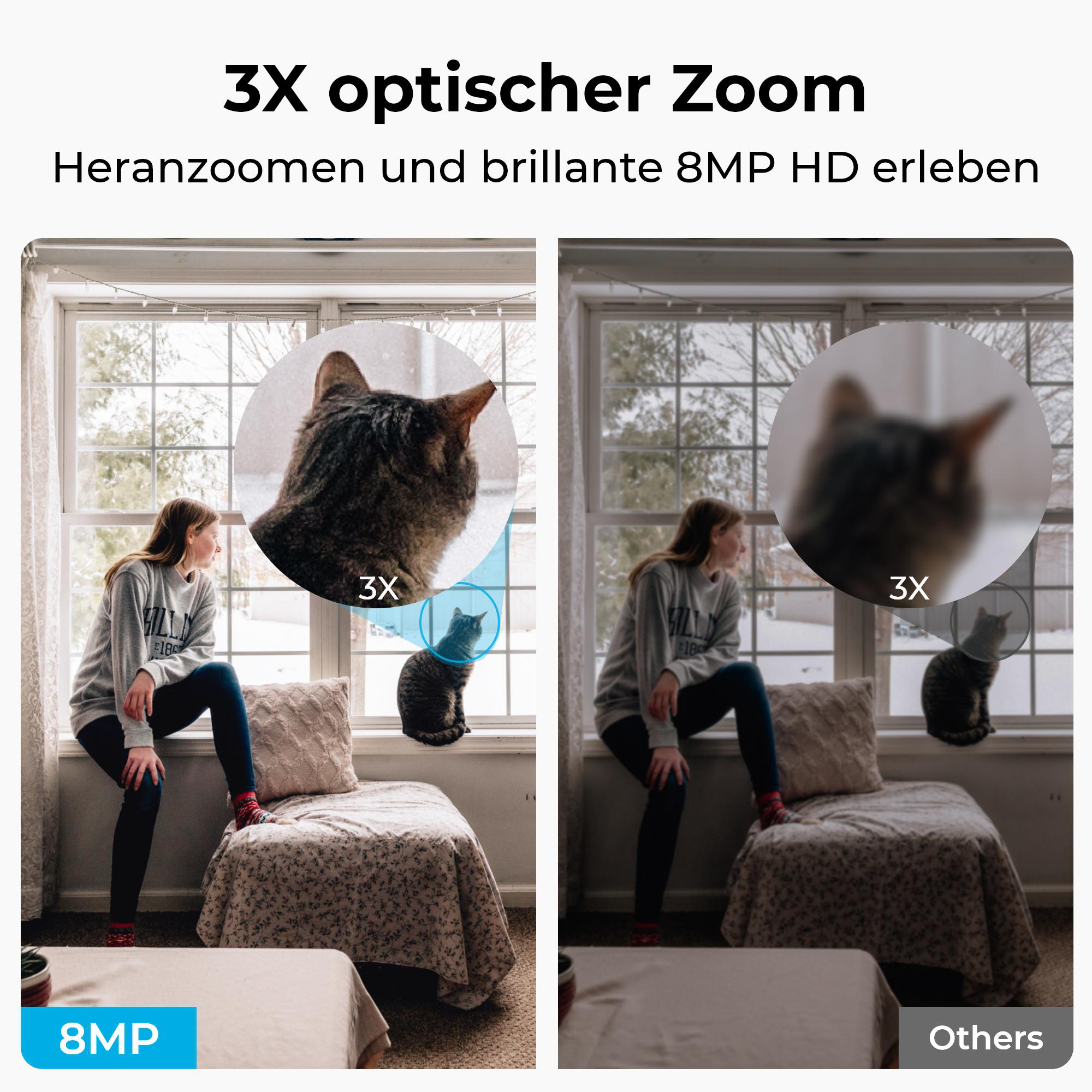 Eine Frau sitzt am Fenster mit einer Katze. Das Bild zeigt einen 3x-Zoom-Vergleich, der die Bildqualität hervorhebt.