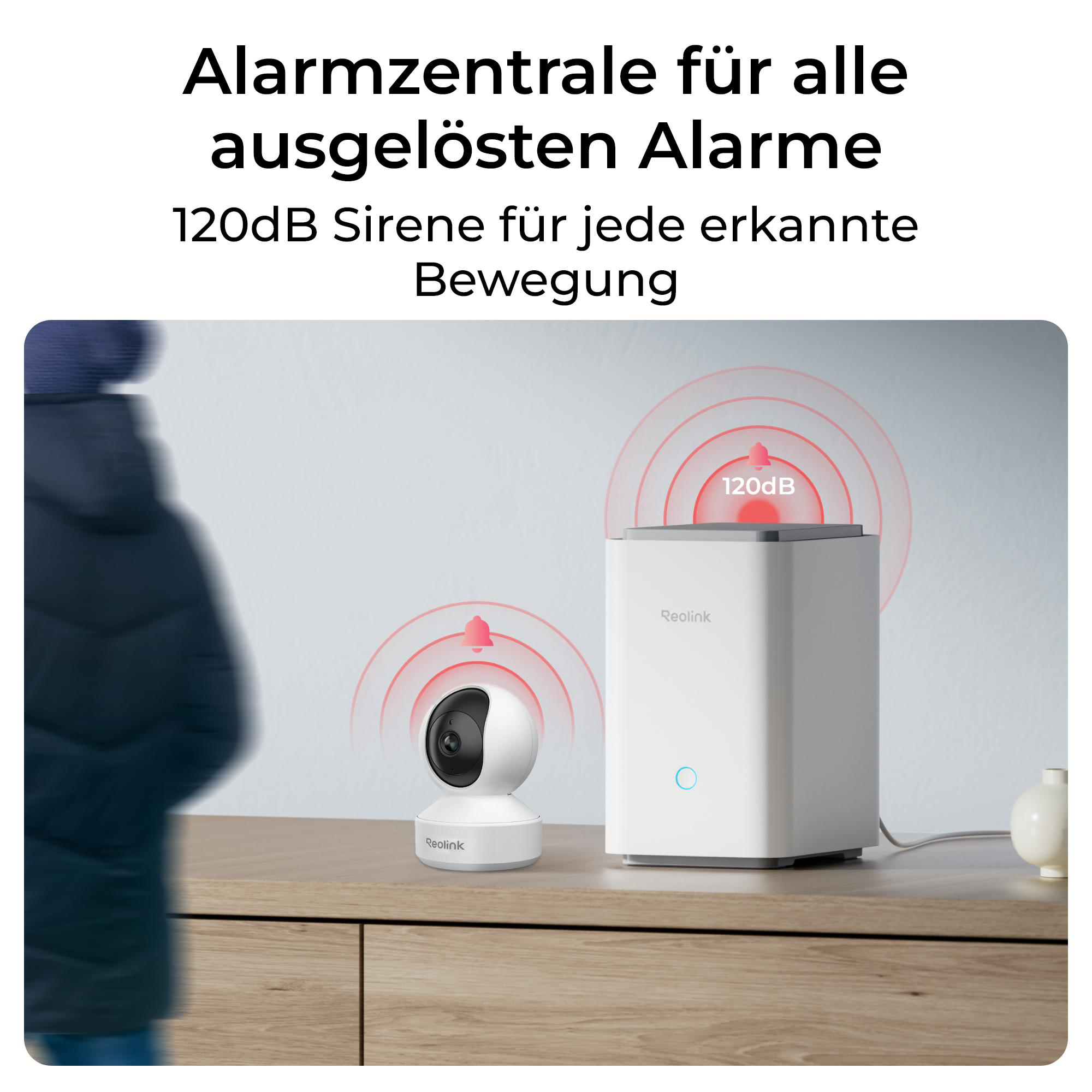 Bild zeigt Sicherheitsgeräte. Eine Kamera und eine weiße Box stehen auf einer Holzoberfläche. Die Box hat eine Sirene.