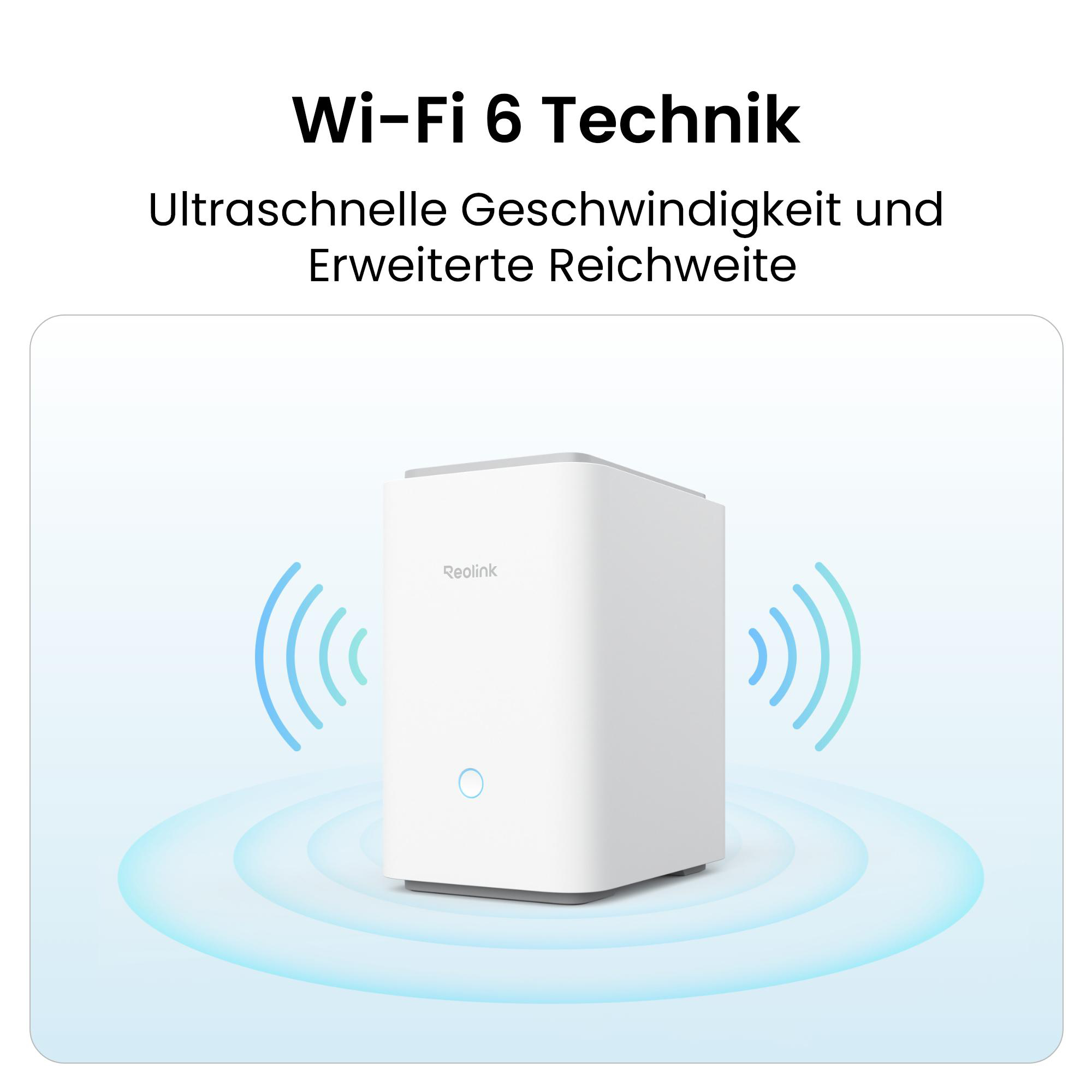 Weißer Wi-Fi 6 Router mit blauen Signalwellen, Text: Wi-Fi 6 Technik, ultraschnelle Geschwindigkeit und erweiterte Reichweite.
