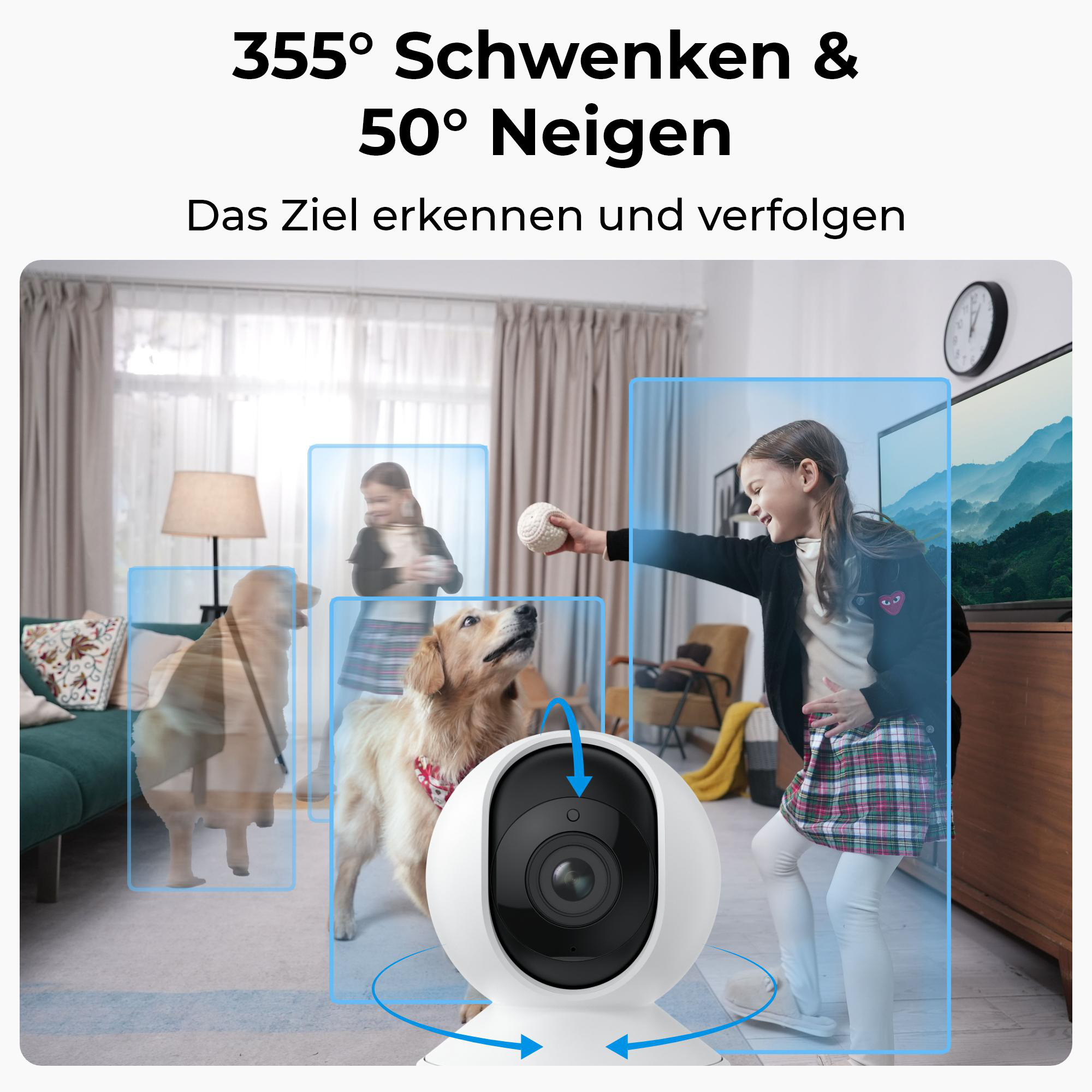 Ein Mädchen wirft Hunden einen Ball zu, überwacht von einer weißen Kamera in einem Raum. Text sagt 355 Grad schwenken & 50 Grad neigen.