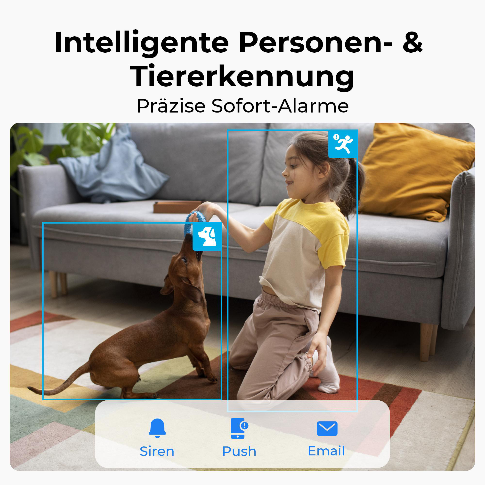 Ein Mädchen kniet und spielt mit einem Hund. Oben steht "Intelligente Personen- und Tiererkennung".