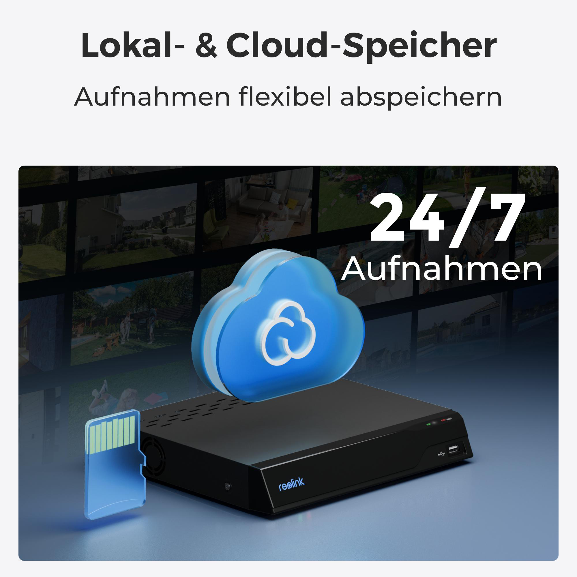 Das Bild zeigt eine Wolke und ein schwarzes Gerät, eine SD-Karte und ein 24/7-Aufnahme-Logo, das Cloud- und lokalen Speicher bewirbt.
