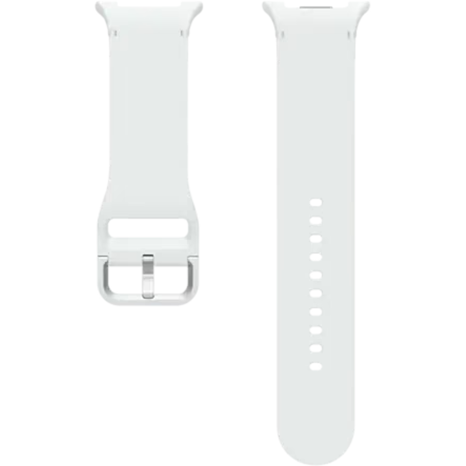 White watch band parts. One has a buckle, the other has holes for adjustment. Both parts are on a black background.