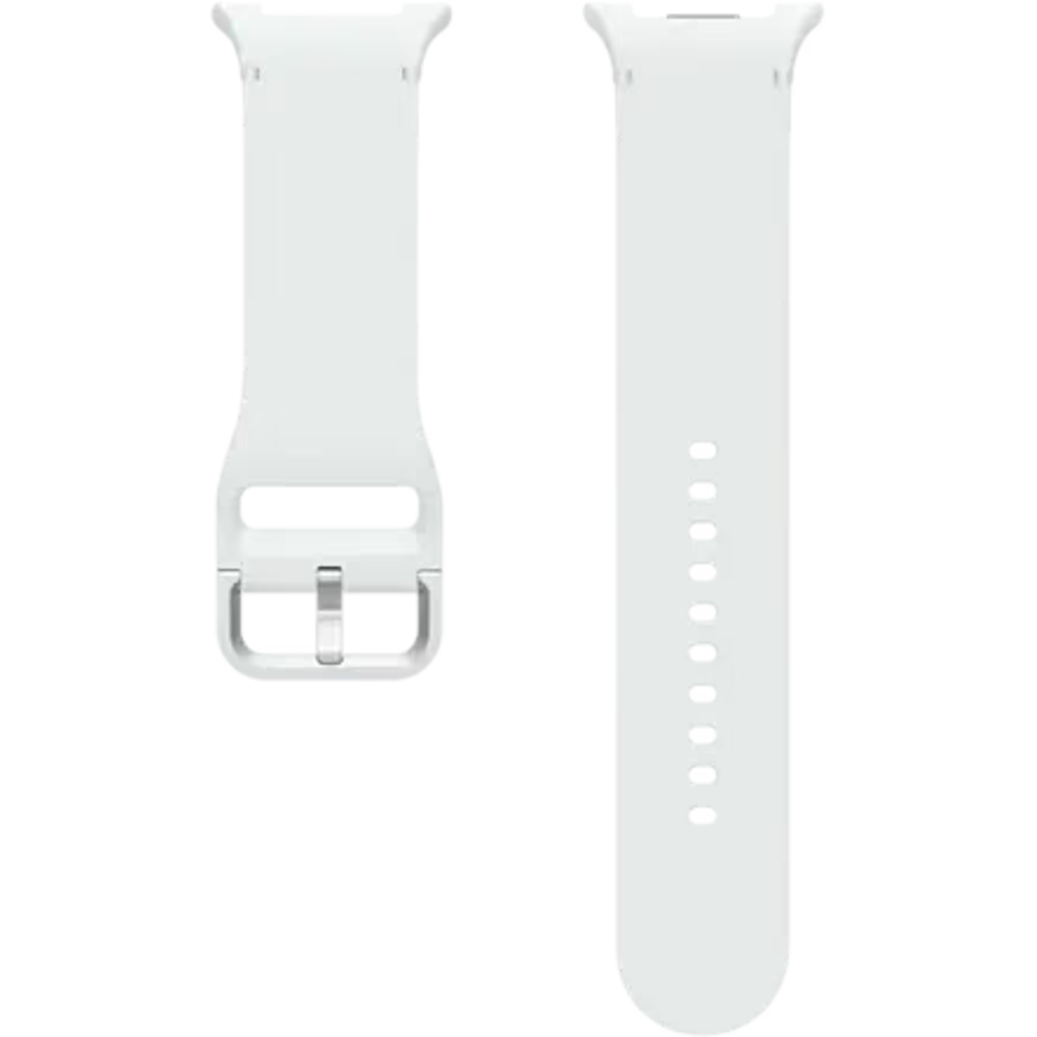 Two white watch straps. One has a silver buckle. The other has holes for adjustment. Black background.