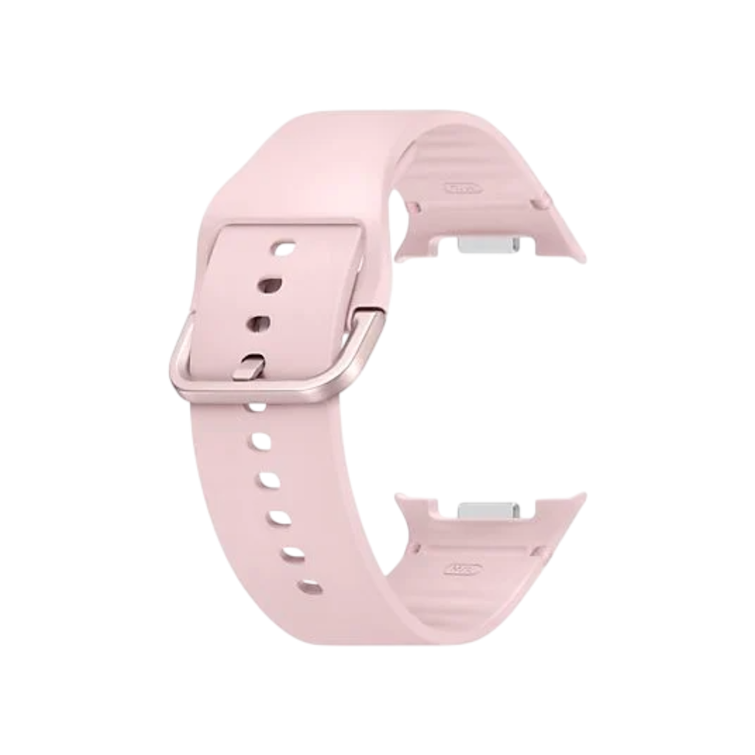 A light pink watch strap with a silver buckle. The strap is curved, with holes for adjustment. The background is black.
