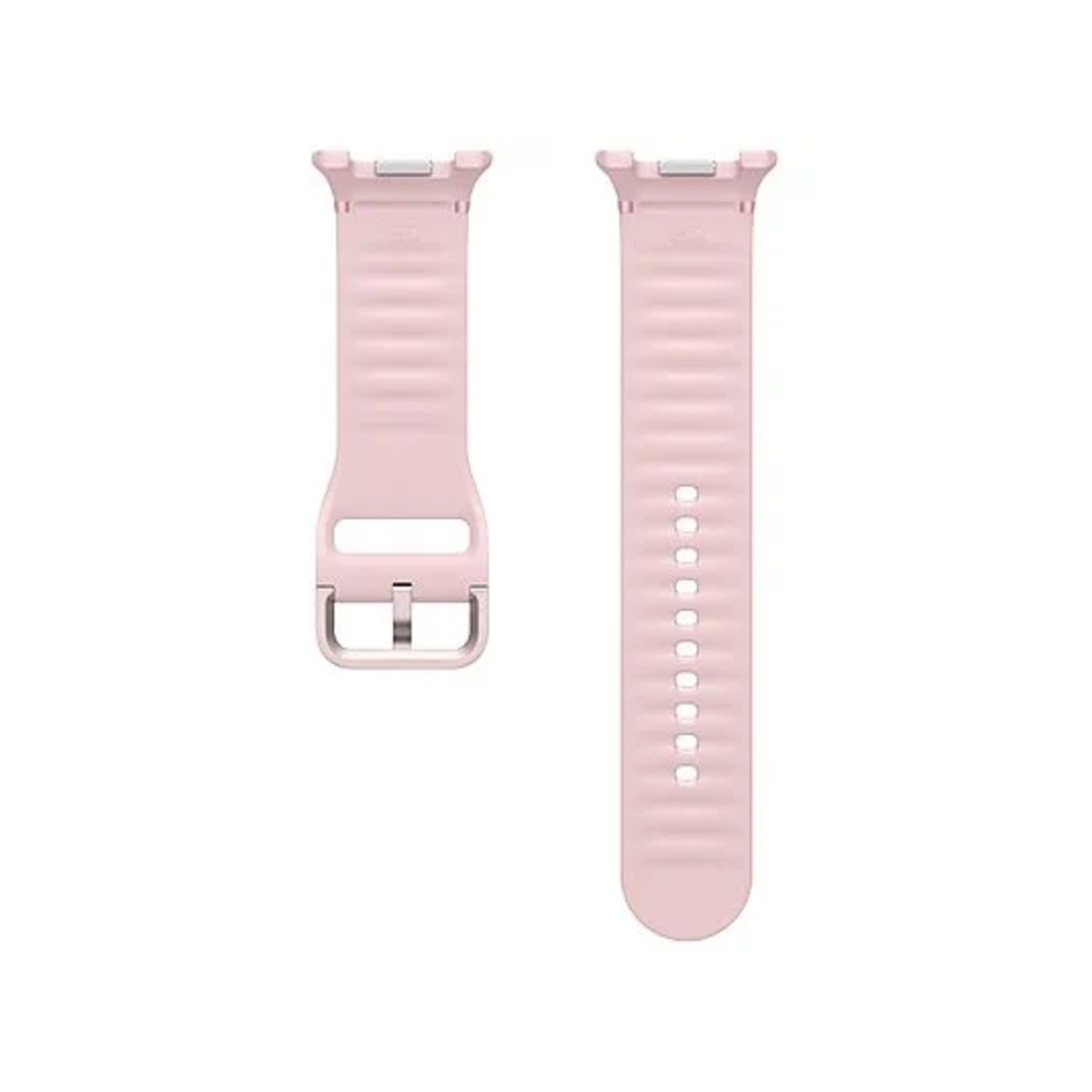 Two light pink watch straps are displayed against a black background. One has a buckle, the other has holes for adjustment.
