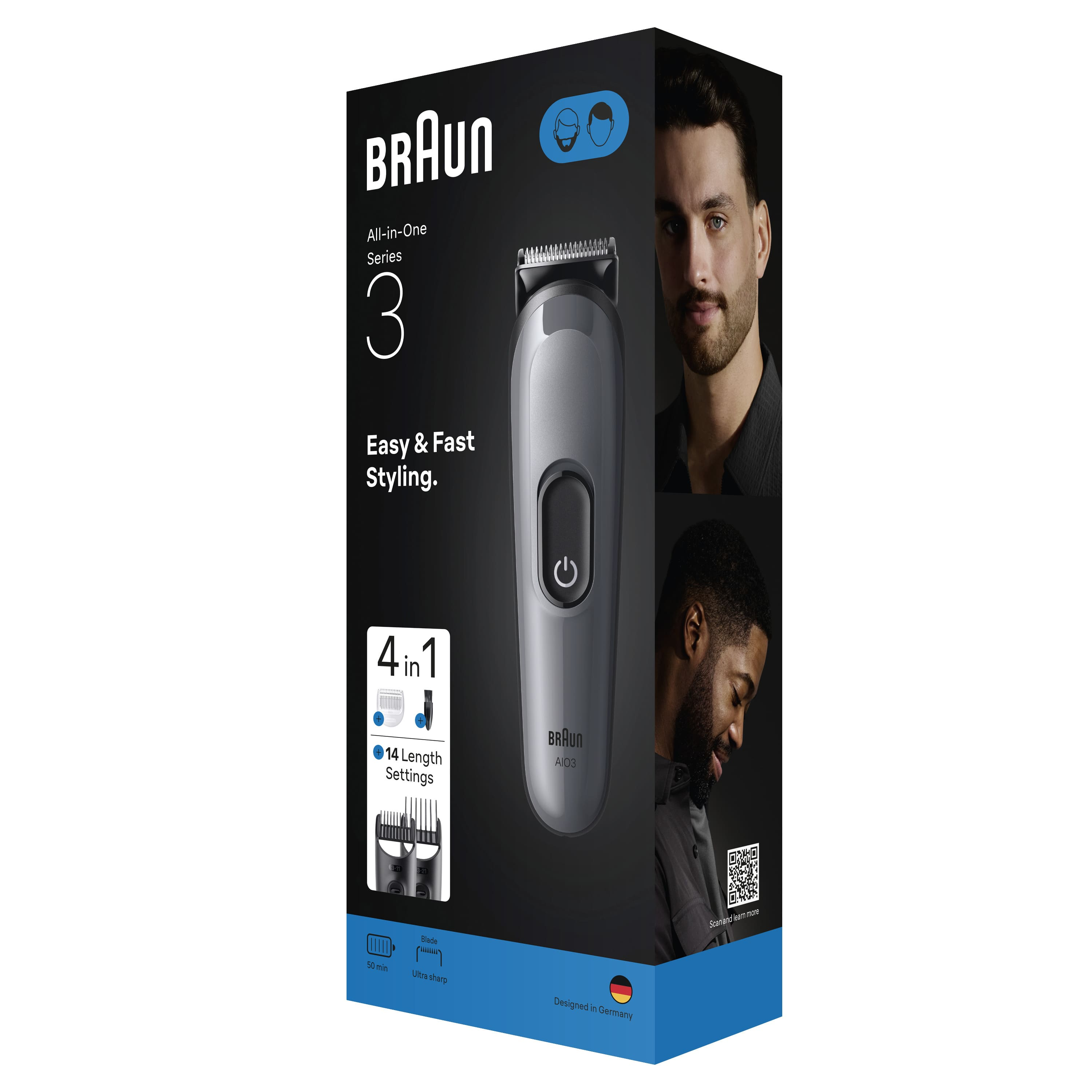Braun All-in-One Series 3 kutusu. Ortada bir tıraş makinesi var. Sağ tarafta iki adamın yüzü var.