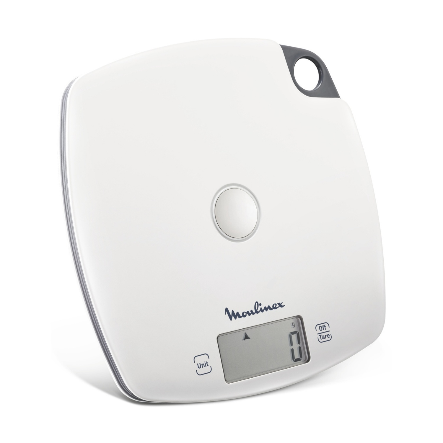 Bilancia da cucina Moulinex bianca. Ha un display digitale con '0' e pulsanti per unità, off/tara. Ha un foro grigio per appenderla.