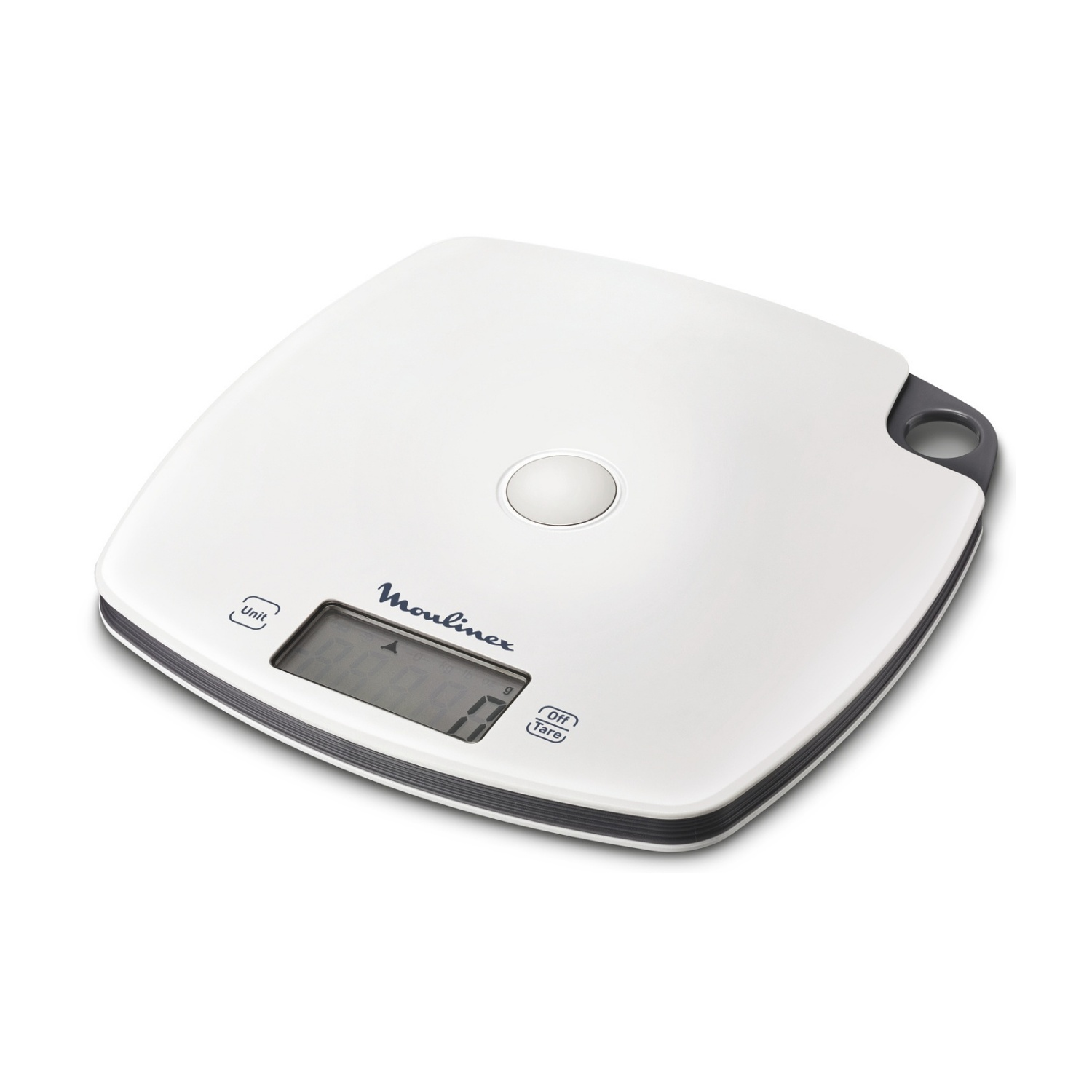 Una bilancia da cucina digitale Moulinex bianca. Ha un bordo grigio e un piccolo display che mostra 0,00 g. La bilancia è su sfondo bianco.