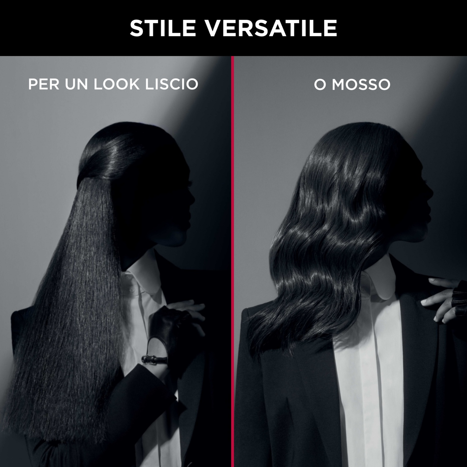 Silhouette di due donne che mostrano acconciature: una liscia, una mossa. Entrambe indossano completi neri, camicie bianche. Testo: 'Stile versatile'.