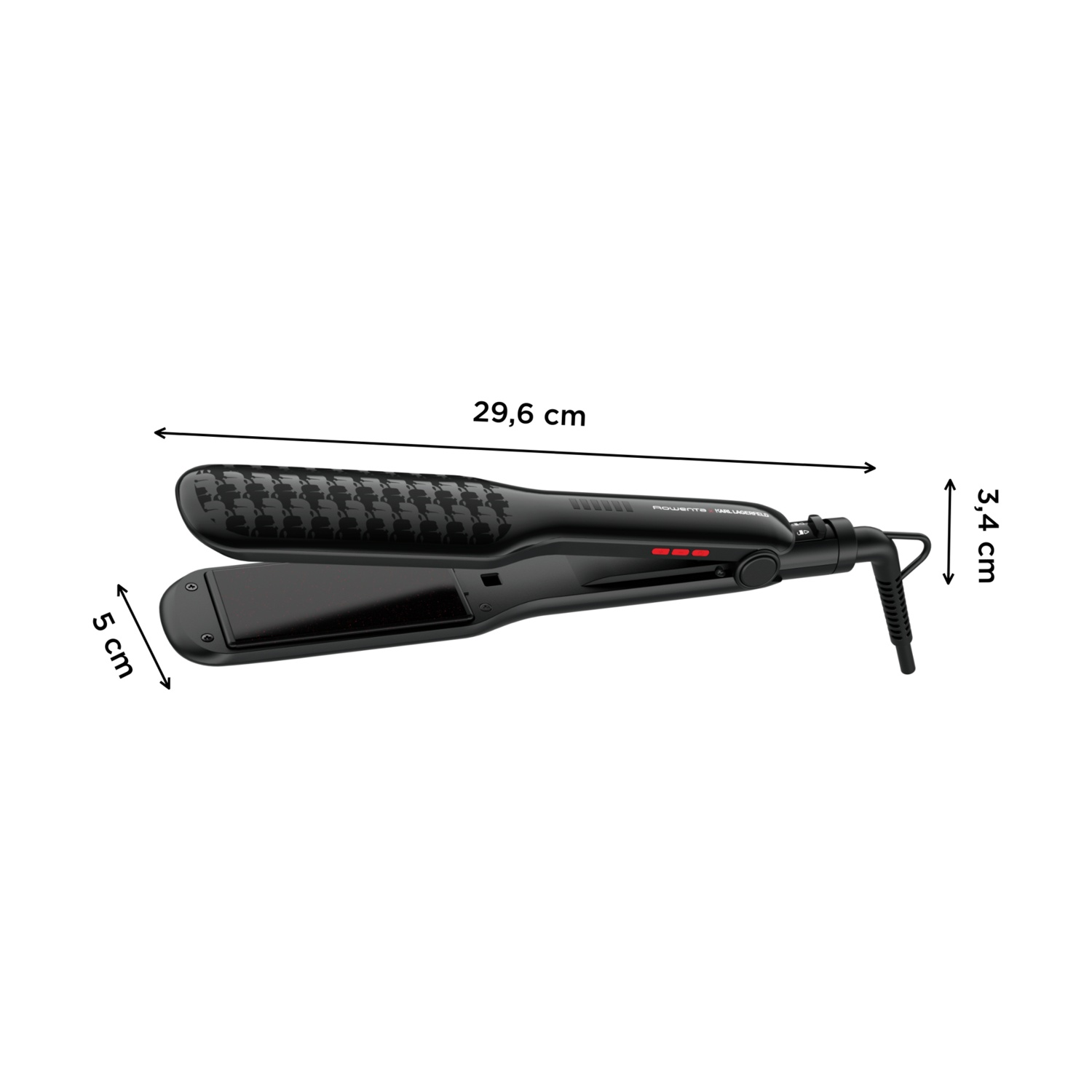 Piastra per capelli nera, lunga 29,6 cm, con misure. Un lato ha una superficie a motivi, l'altro è liscio. Sono visibili luci rosse.